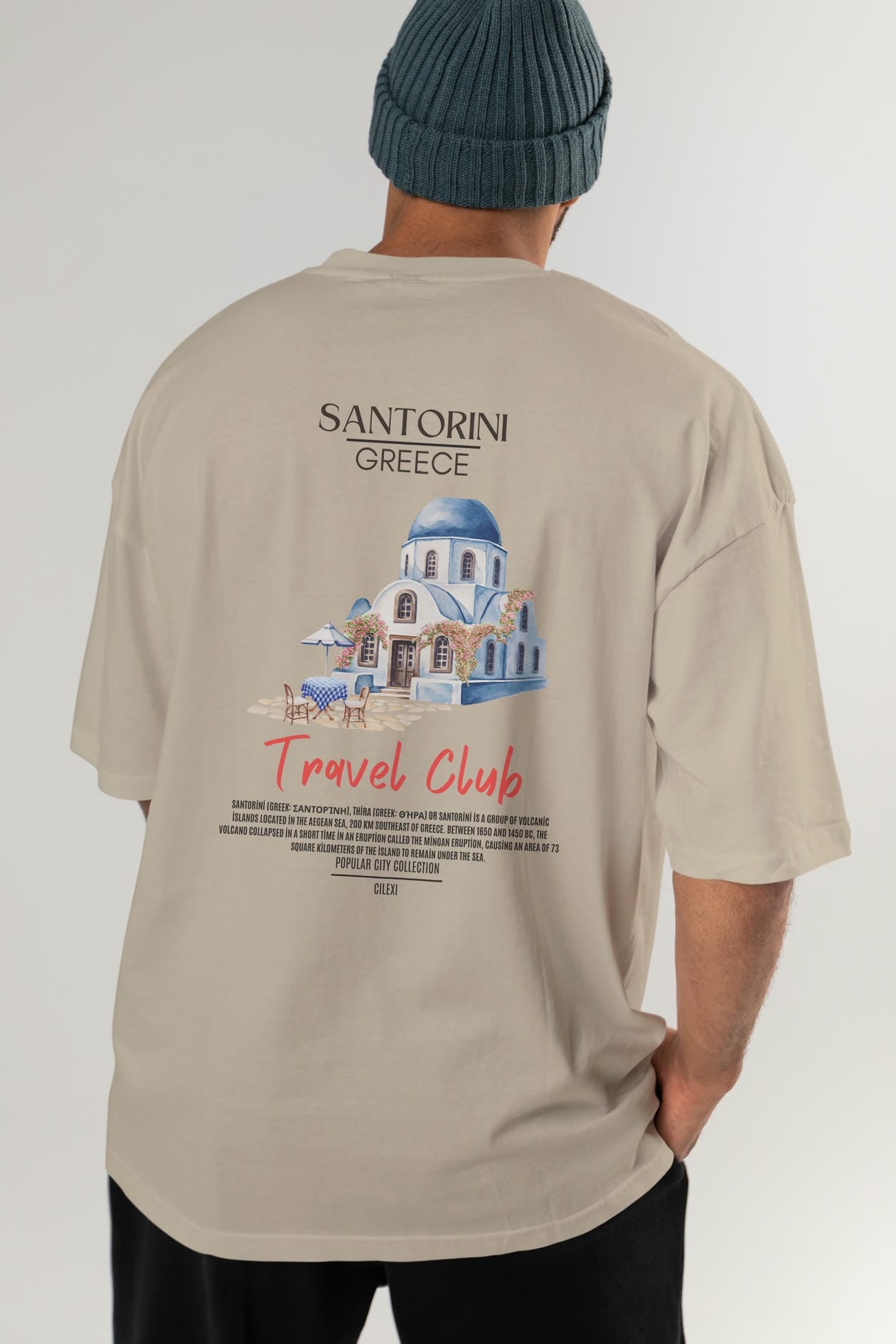 Santorini Greece Arka Baskılı Oversize t-shirt Erkek Kadın Pamuk Bisiklet Yaka tişort