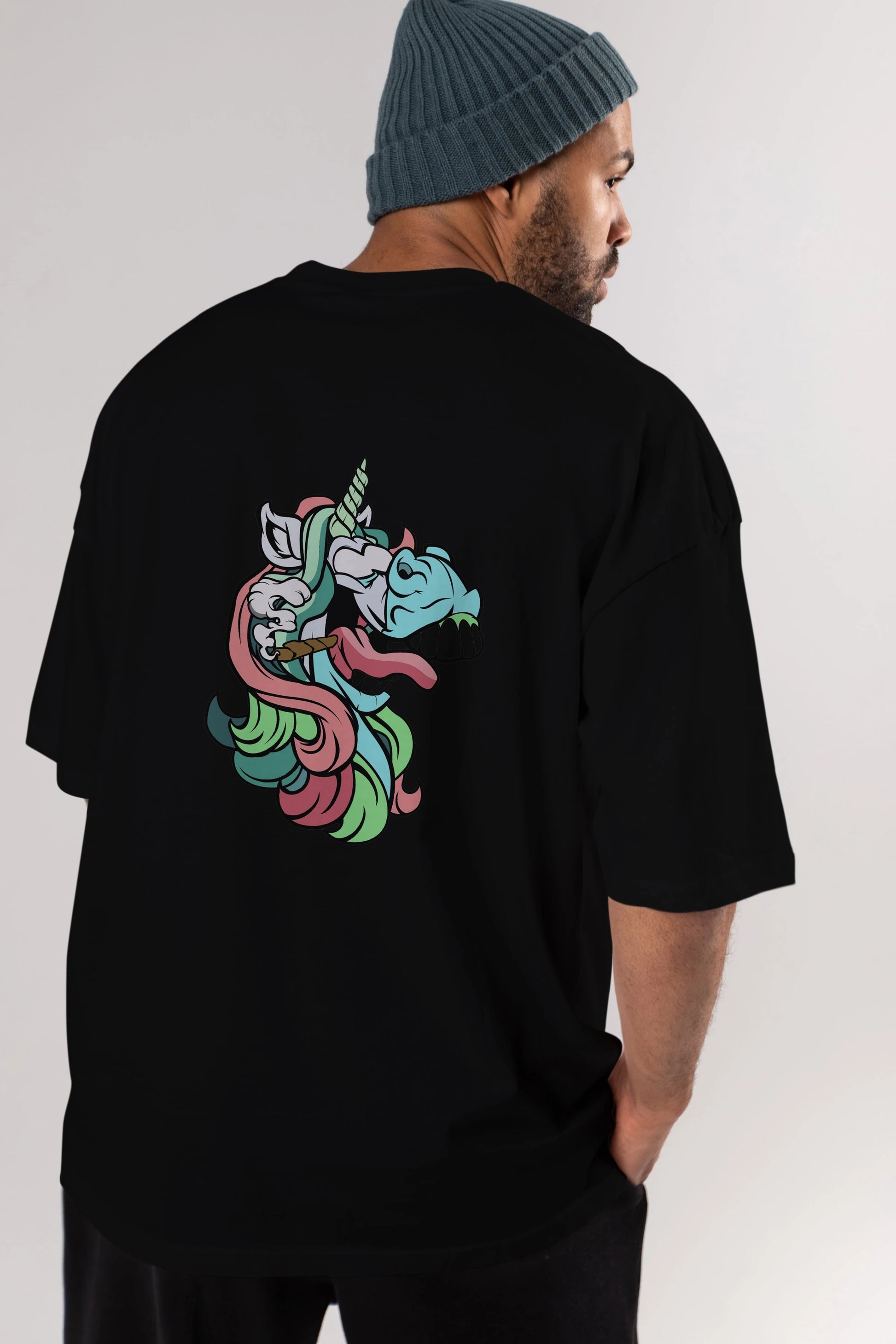 Crazy Unicorn Arka Baskılı Oversize t-shirt Erkek Kadın Unisex %100 Pamuk tişort