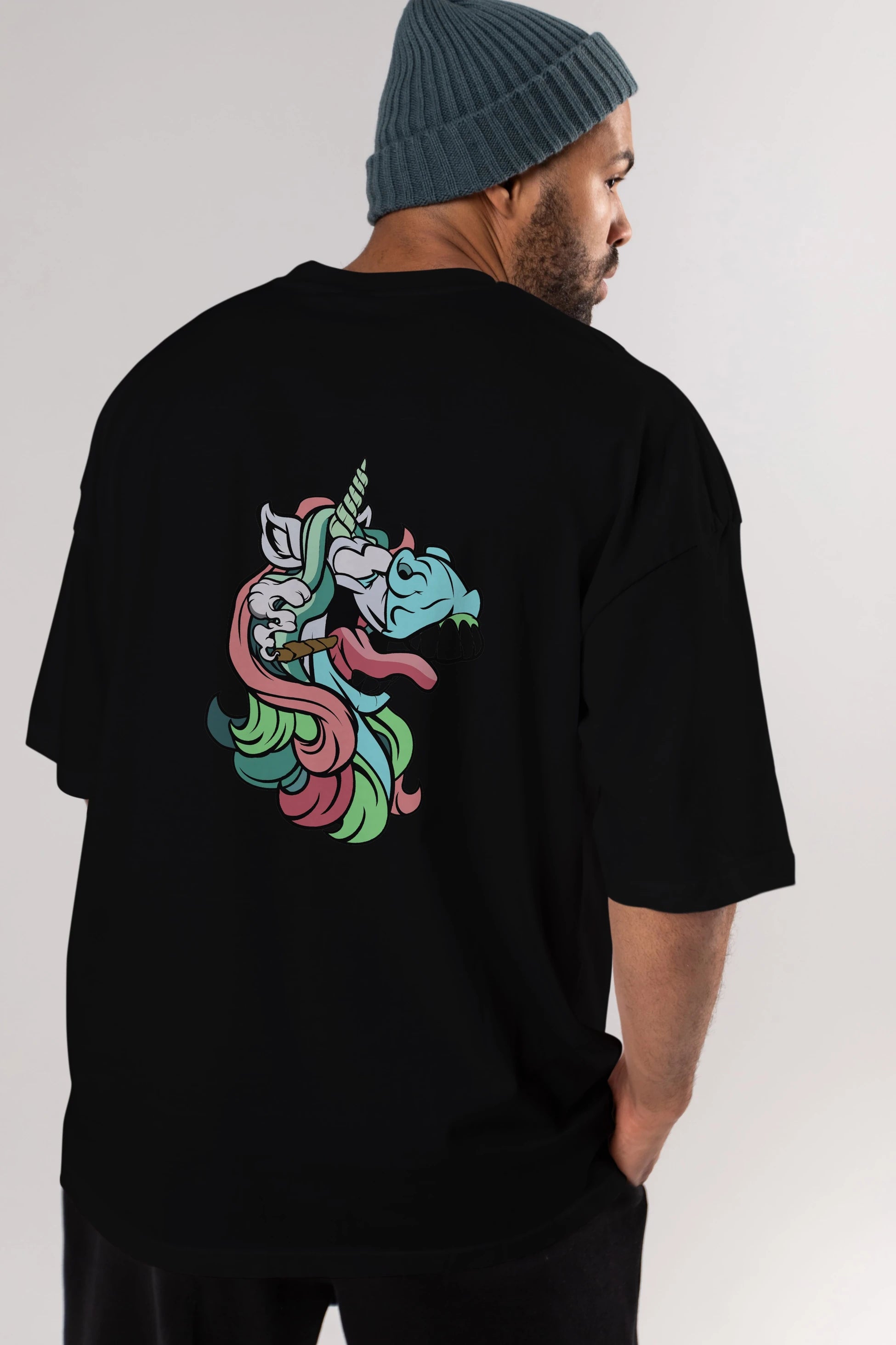 Crazy Unicorn Arka Baskılı Oversize t-shirt Erkek Kadın Unisex %100 Pamuk tişort