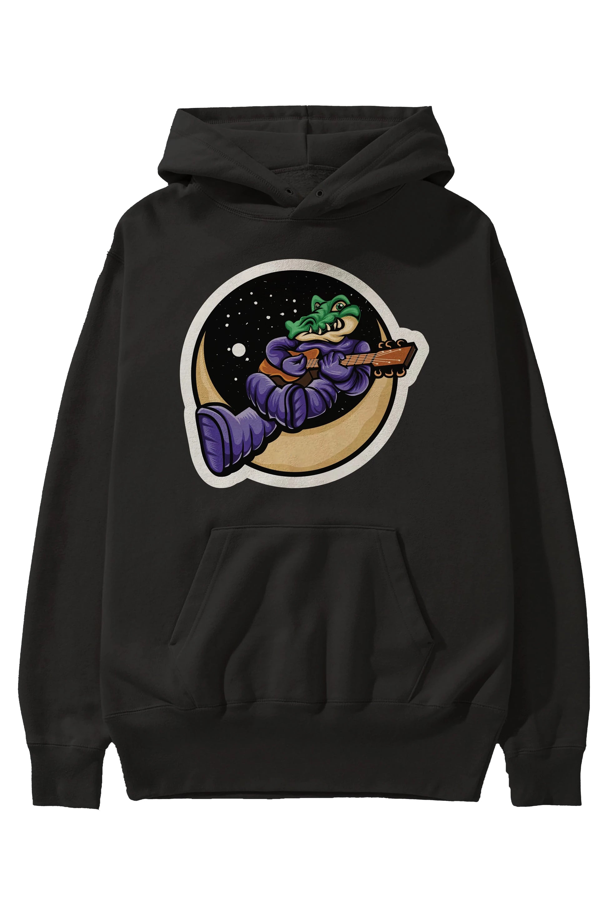 Space Crocodile Sticker Ön Baskılı Hoodie Oversize Kapüşonlu Sweatshirt Erkek Kadın Unisex