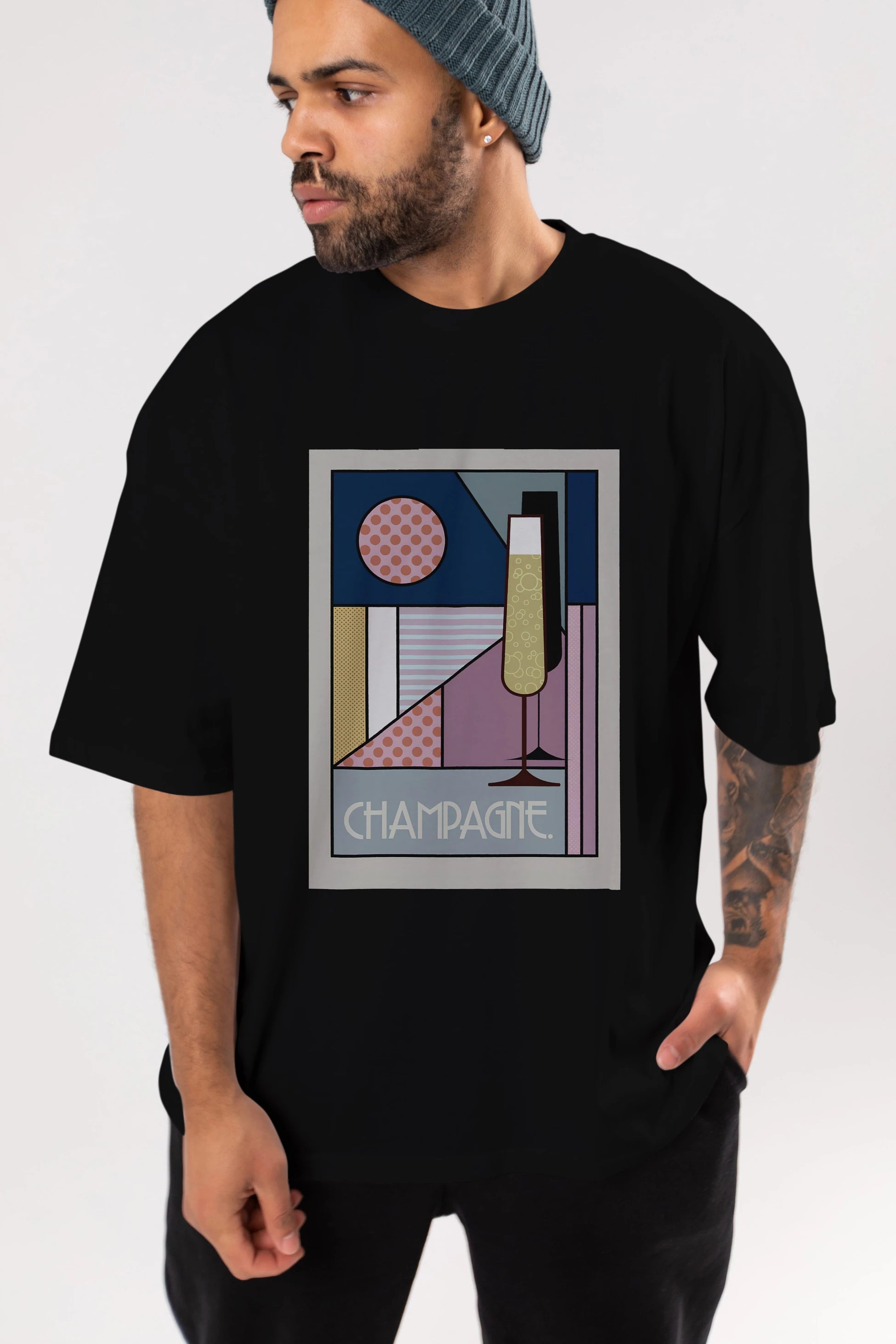 Champagne Ön Baskılı Oversize t-shirt Erkek Kadın Unisex %100 Pamuk Bisiklet Yaka tişort