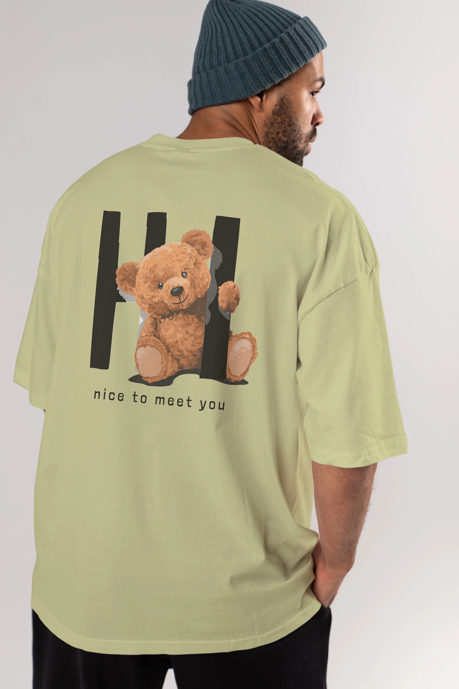 Teddy Bear Hi Nice To Meet You Arka Baskılı Oversize t-shirt Erkek Kadın Unisex %100 Pamuk