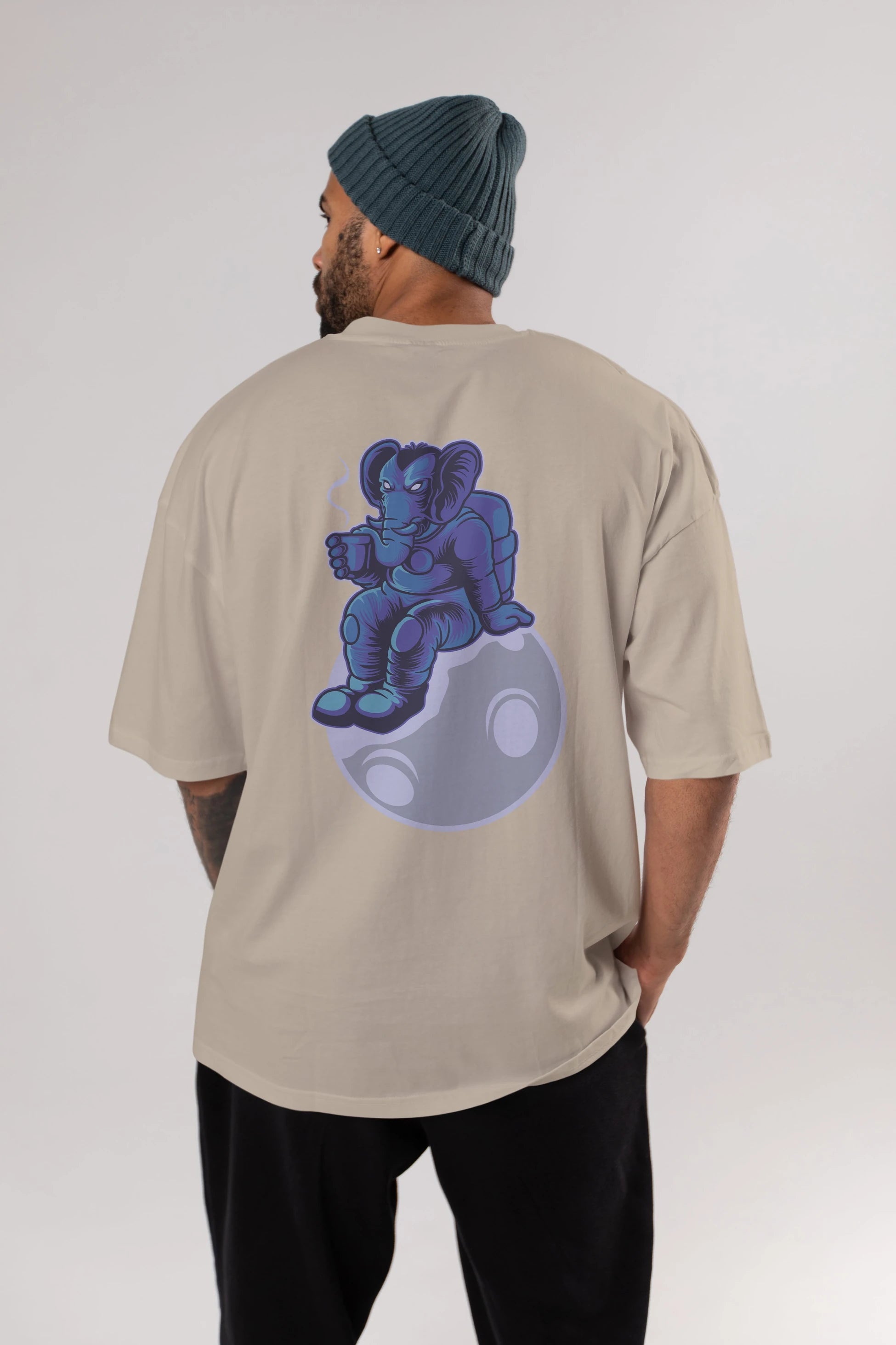Space Elephant Drink Coffee Arka Baskılı Oversize t-shirt Erkek Kadın Unisex