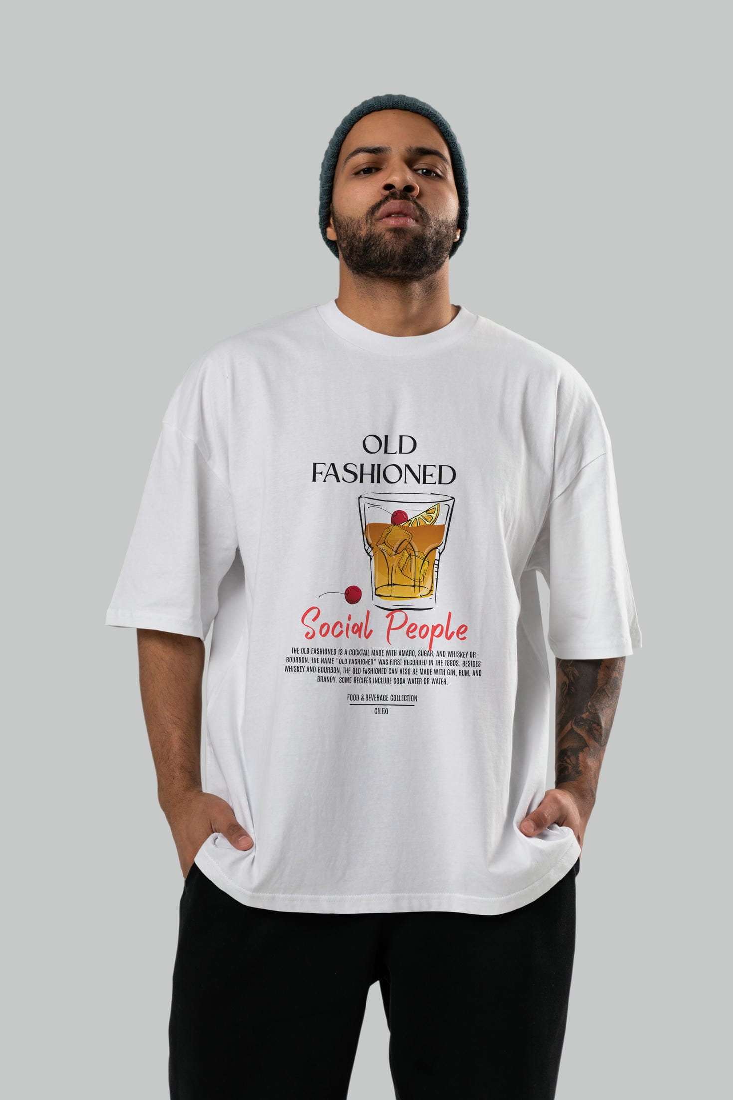Old Fashıoned Kokteyl Serisi ön Baskılı Oversize t-shirt Erkek Kadın %100 Pamuk Bisiklet Yaka tişort