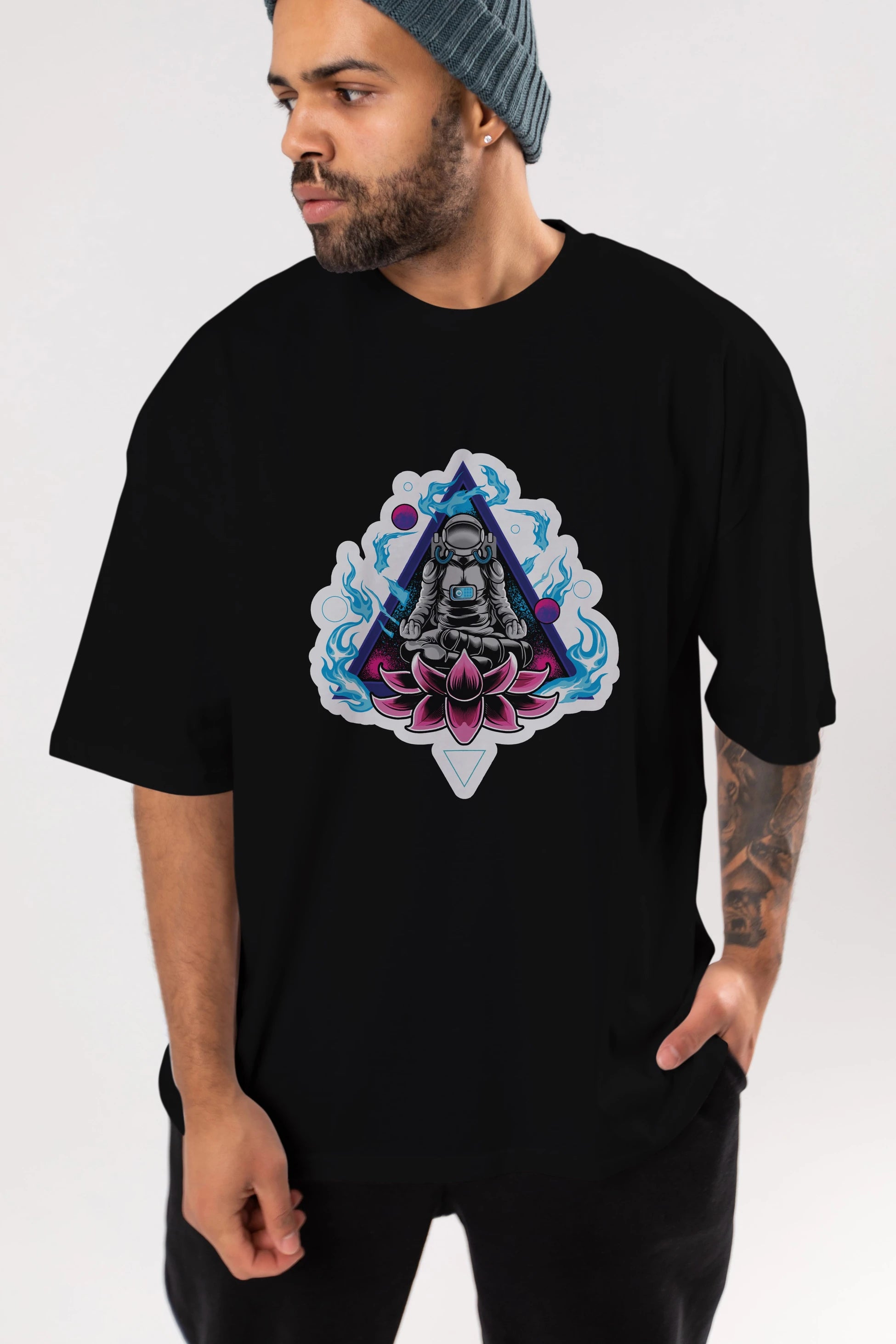 Astronaut Meditation Sticker Ön Baskılı Oversize t-shirt Erkek Kadın Unisex