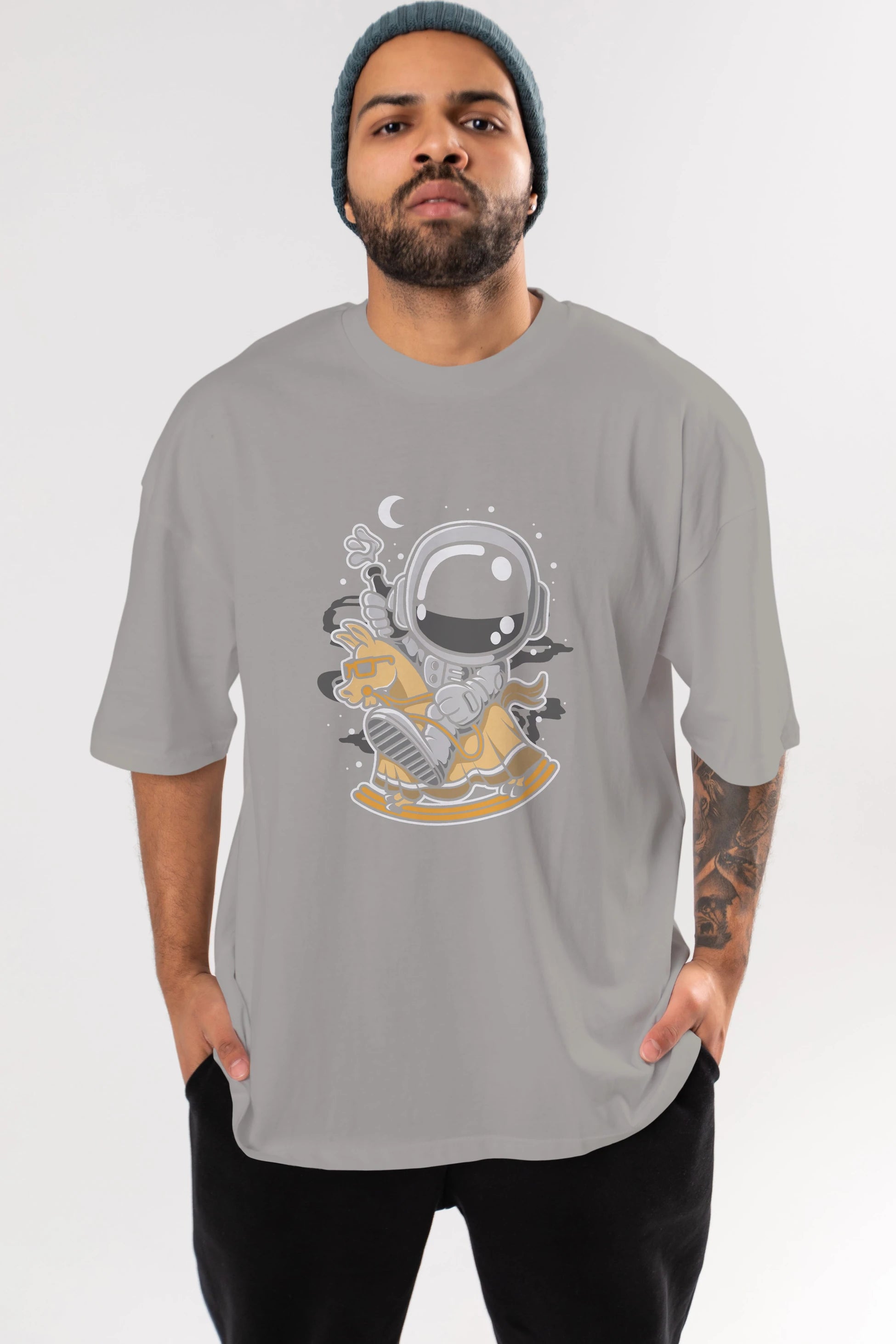 Astronaut RidingToy Horse Ön Baskılı Oversize t-shirt Erkek Kadın Unisex