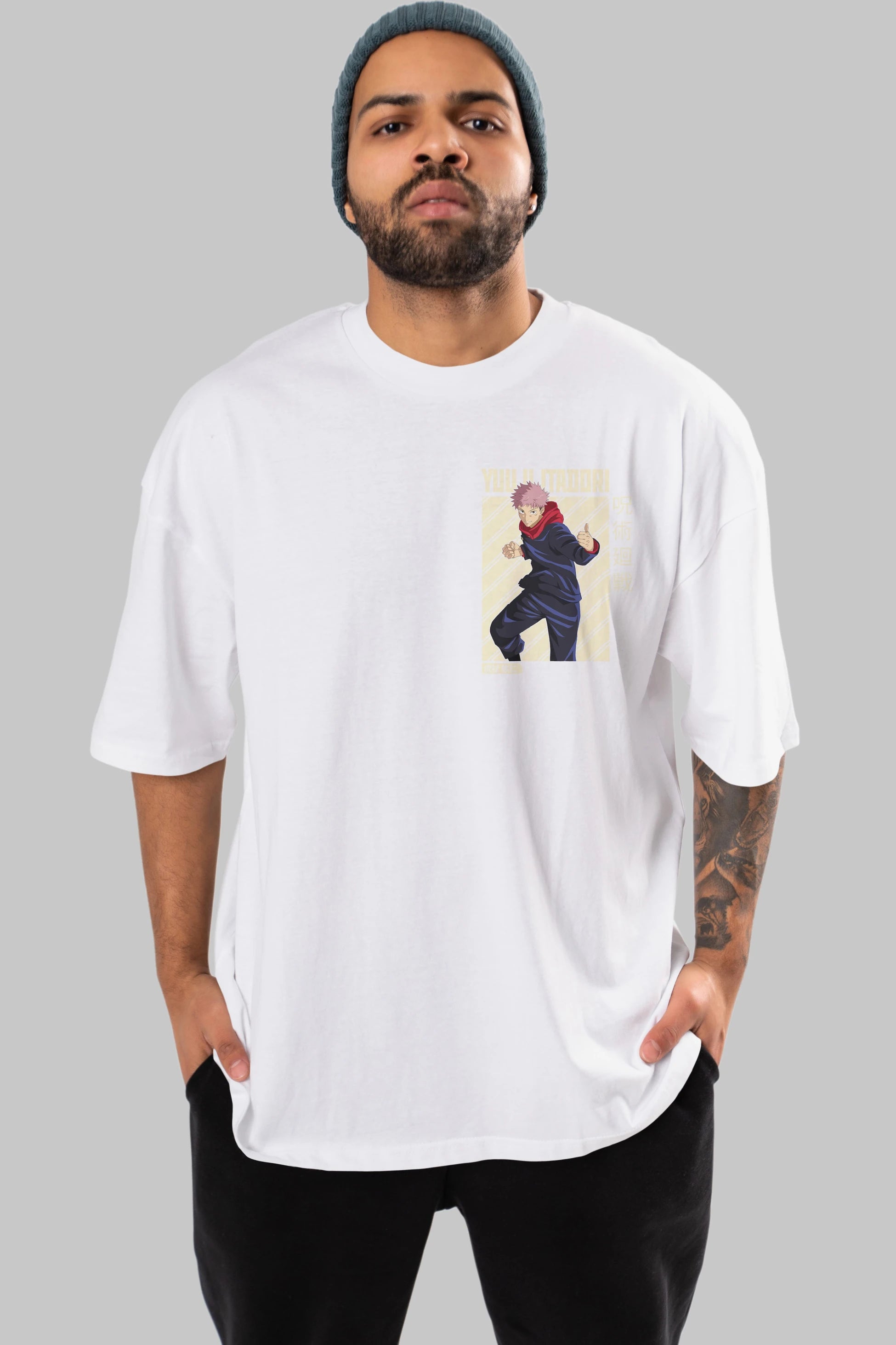 Yuuji Itadori 1 Ön Sol Baskılı Oversize t-shirt Erkek Kadın Unisex %100 Pamuk Bisiklet Yaka tişort