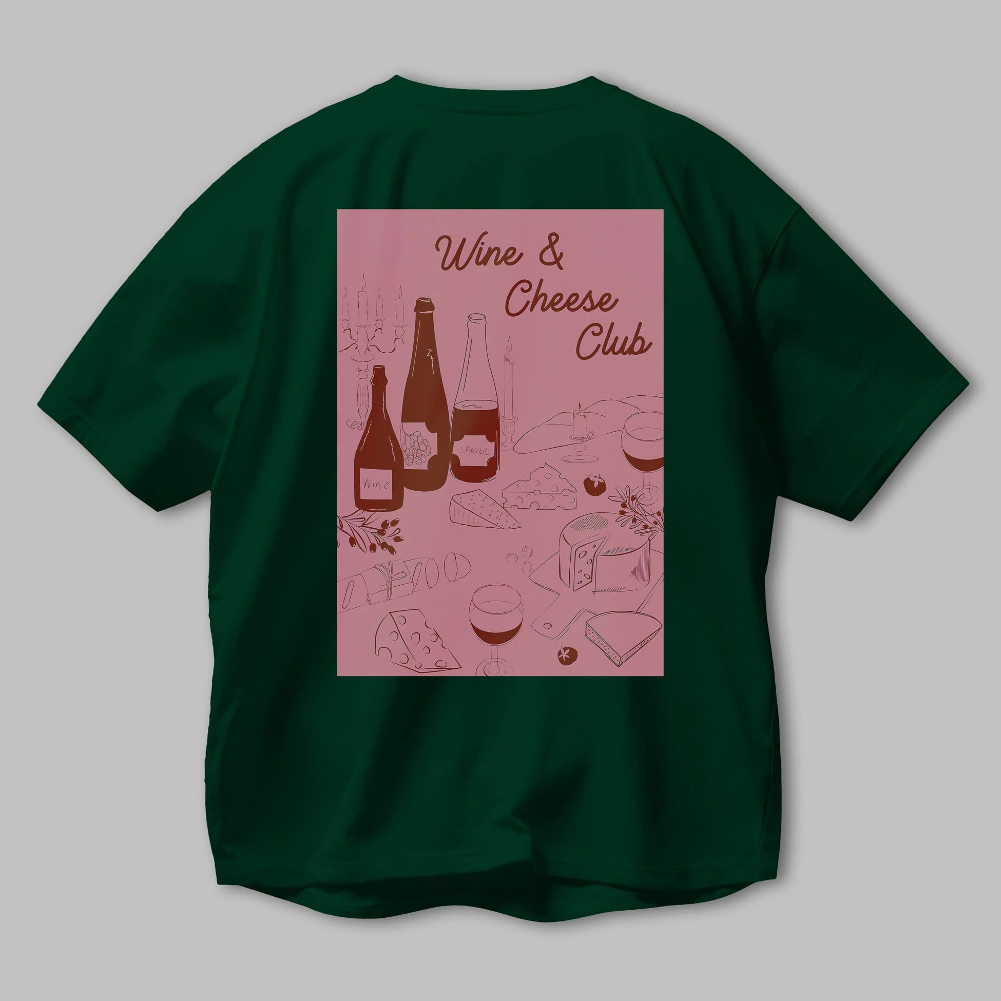 Wine Cheese Club Arka Baskılı Oversize t-shirt Erkek Kadın Unisex %100 Pamuk Bisiklet Yaka tişort