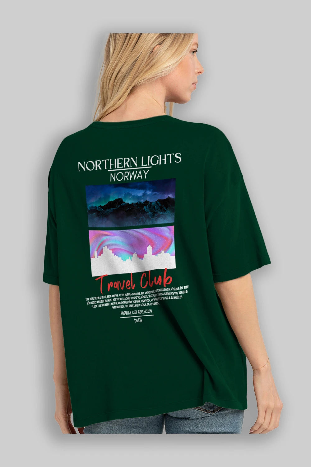 Northern Lights Norway Arka Baskılı Oversize t-shirt Erkek Kadın Pamuk Bisiklet Yaka tişort