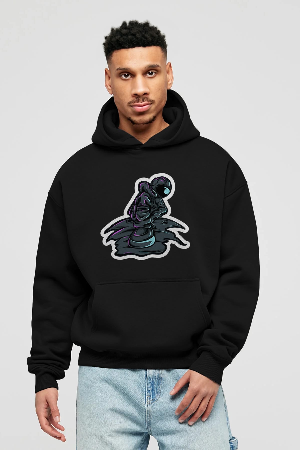Stylish Astronaut Sticker Ön Baskılı Hoodie Oversize Kapüşonlu Sweatshirt Erkek Kadın Unisex