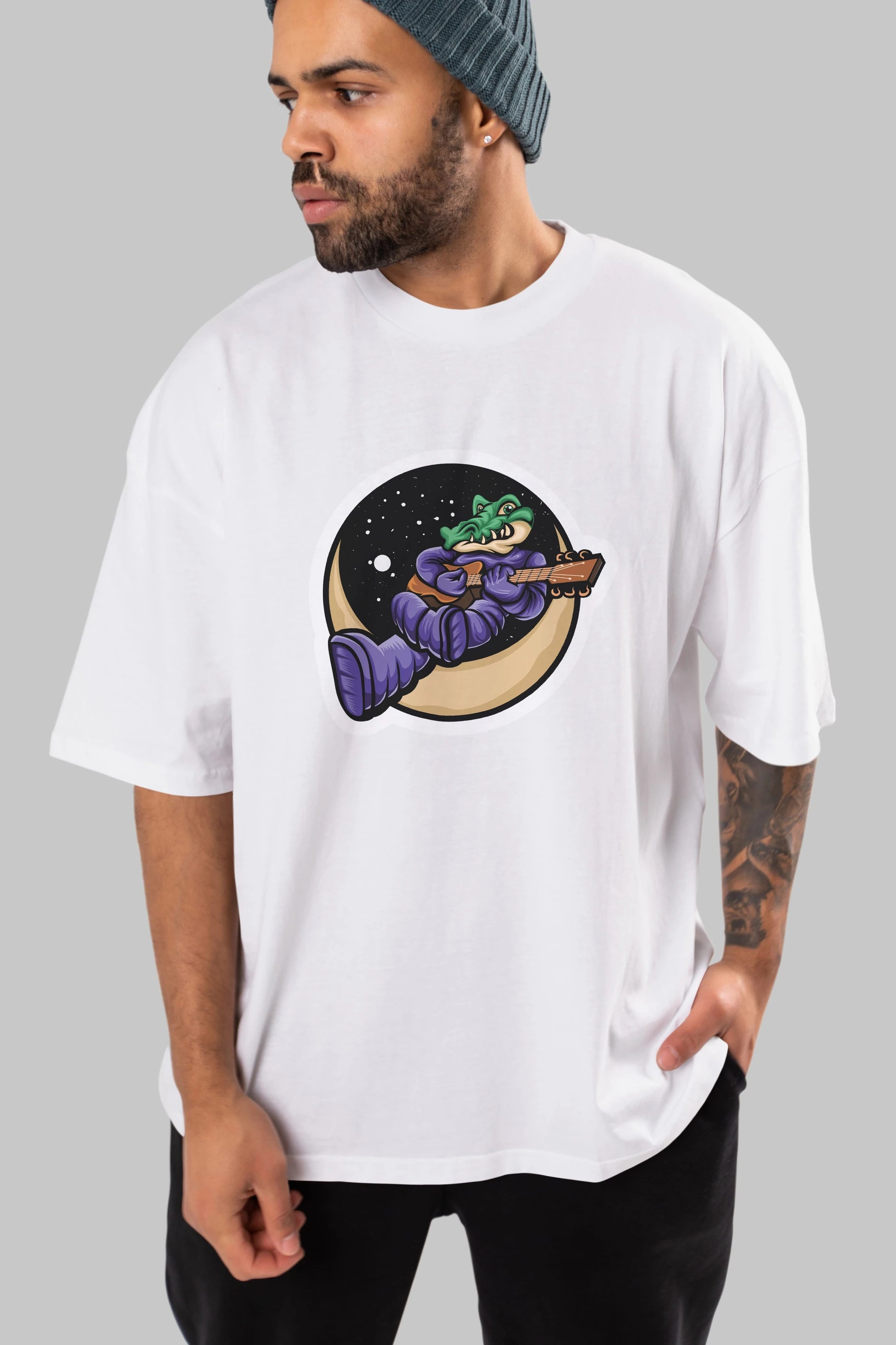 Space Crocodile Sticker Ön Baskılı Oversize t-shirt Erkek Kadın Unisex