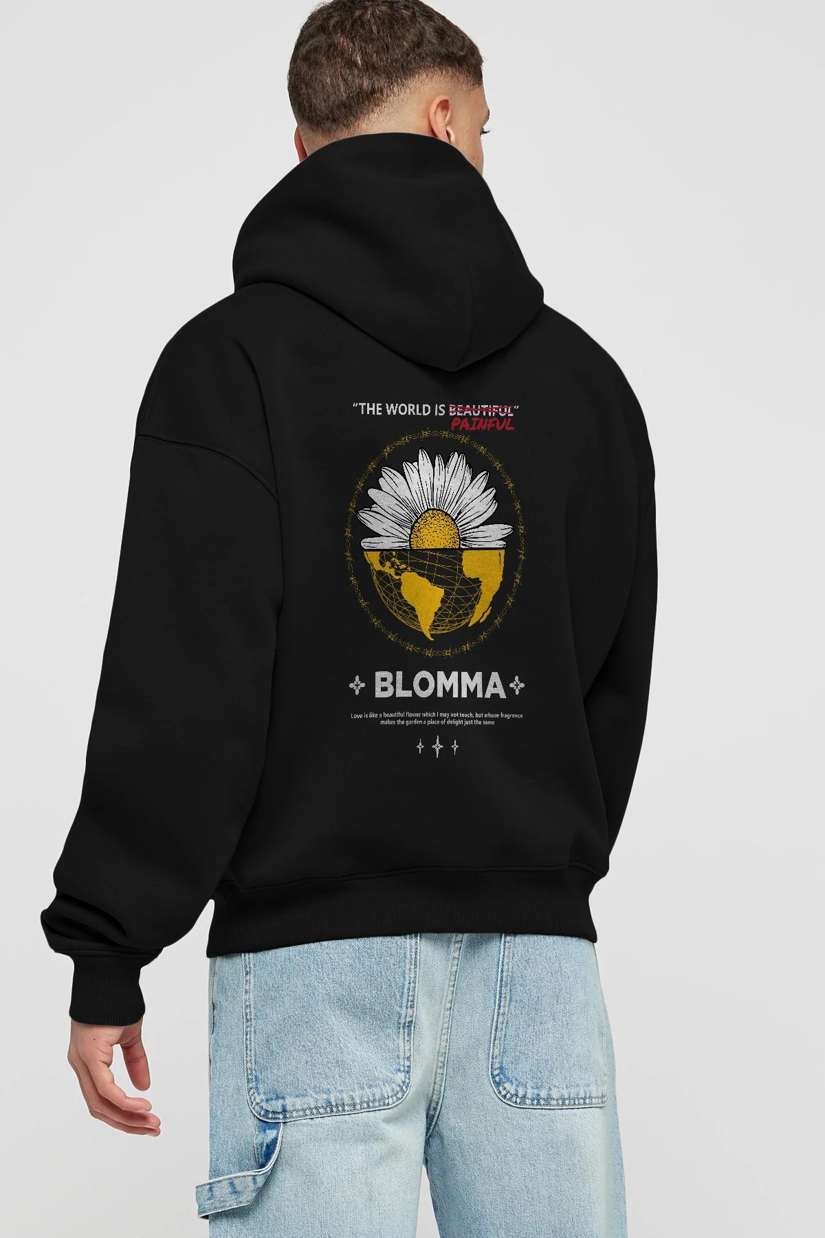Blomma Arka Baskılı Hoodie Oversize Kapüşonlu Sweatshirt Erkek Kadın Unisex