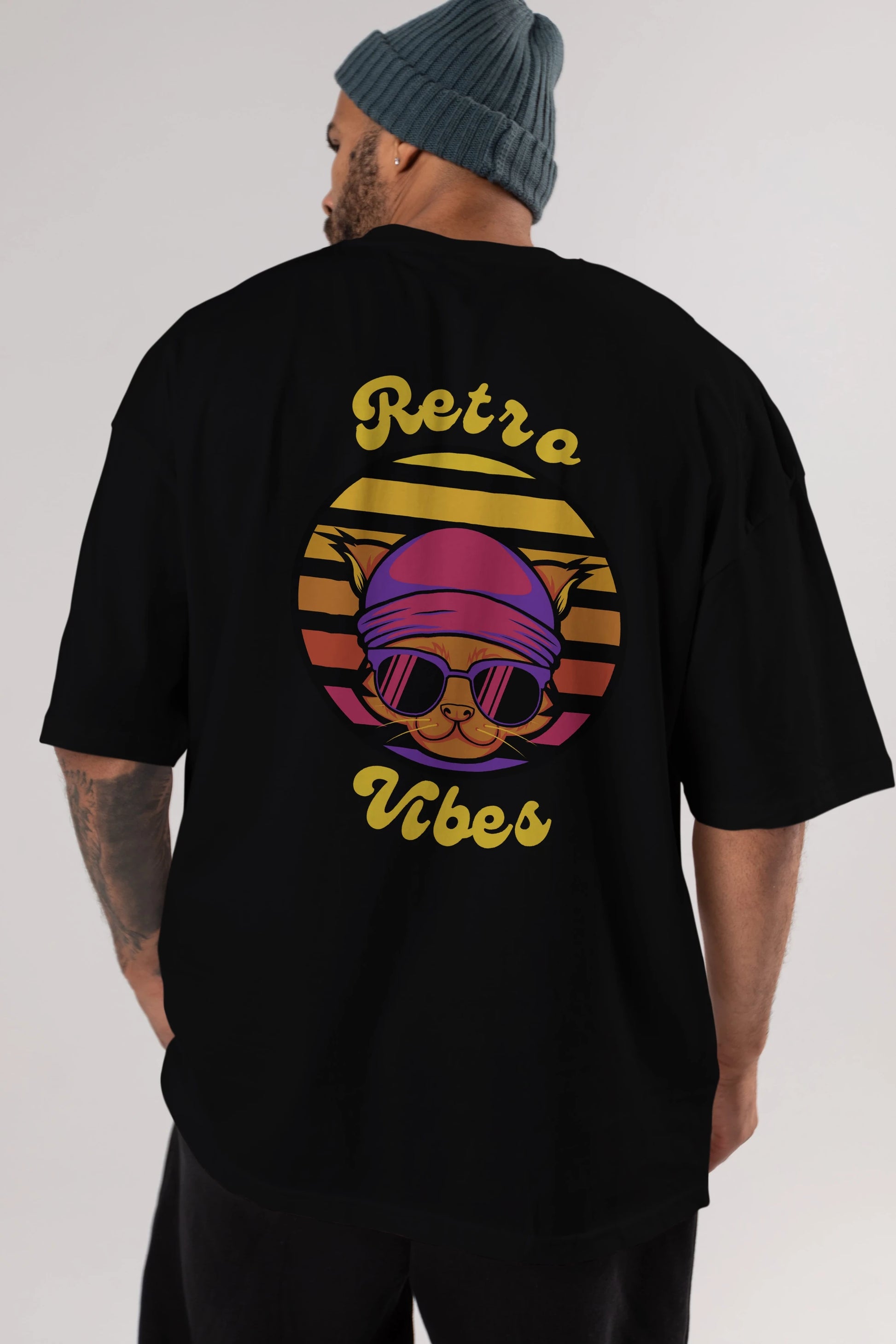 Cat Retro Vibes Arka Baskılı Oversize t-shirt Erkek Kadın Unisex