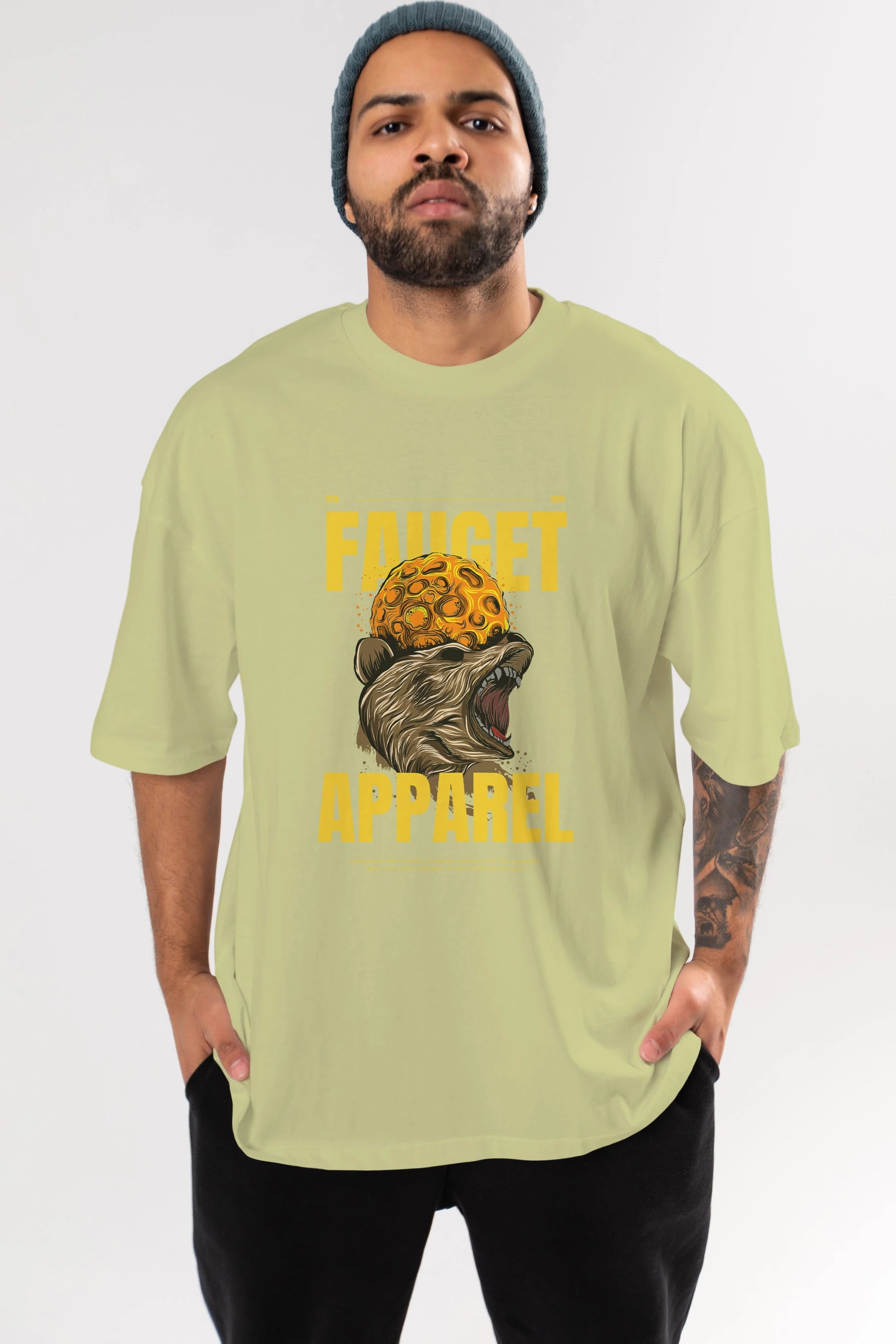 Bear Angry Fauget Apparel Ön Baskılı Oversize t-shirt Erkek Kadın Unisex