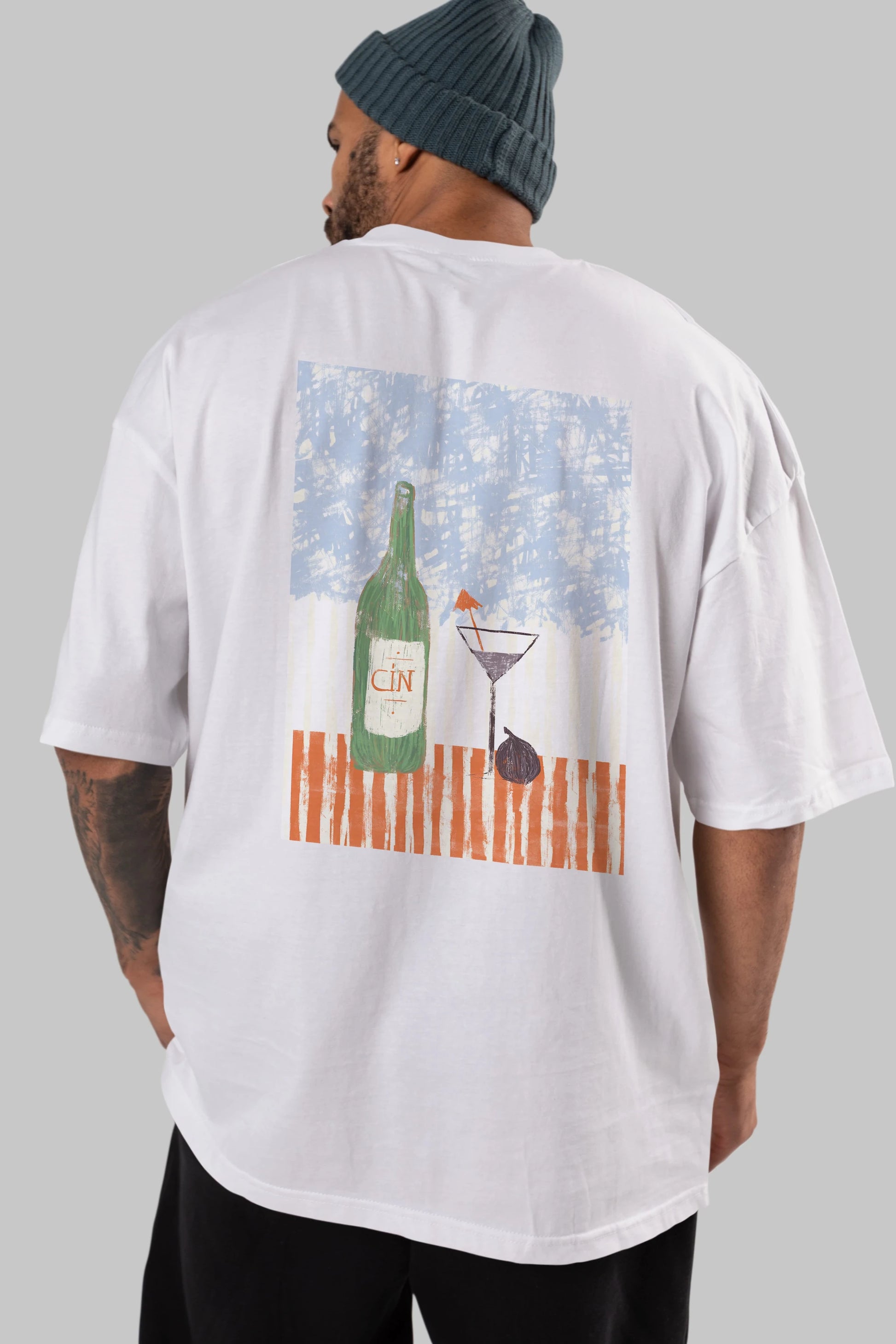 Gin Arka Baskılı Oversize t-shirt Erkek Kadın Unisex %100 Pamuk Bisiklet Yaka tişort