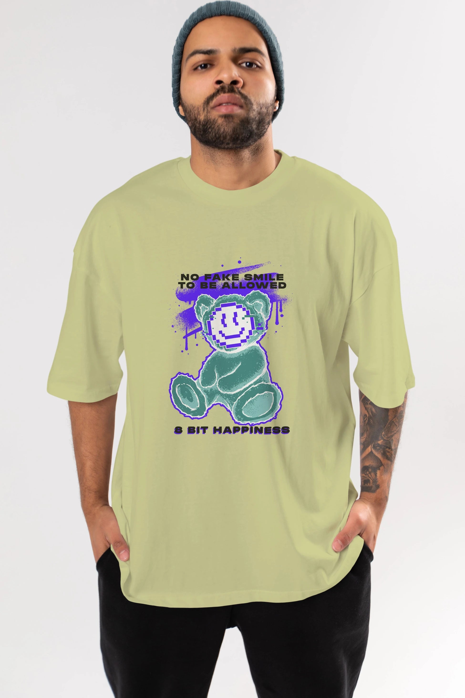 No Fake Smile Bear Ön Baskılı Oversize t-shirt Erkek Kadın Unisex