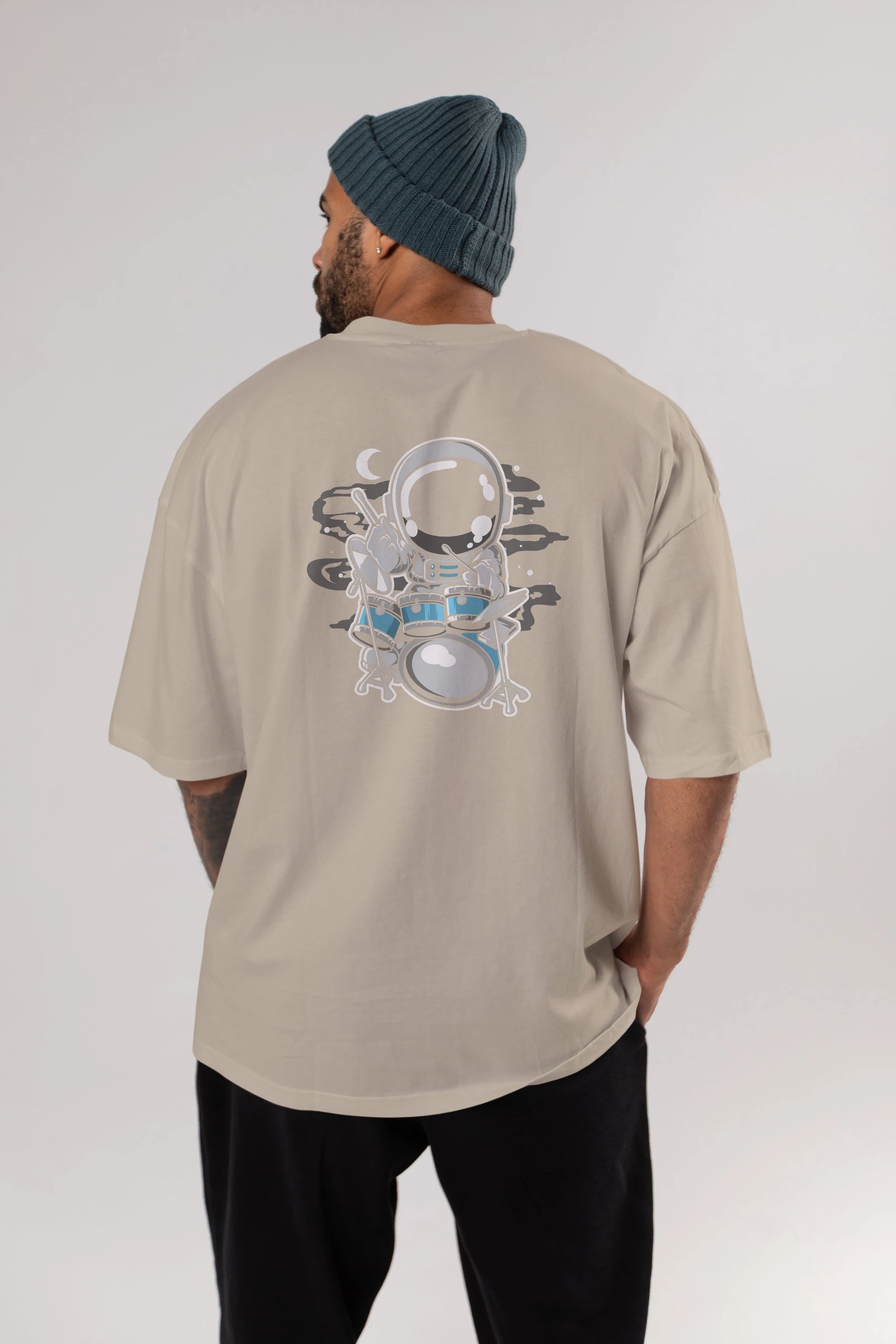 Astronaut Drummer Arka Baskılı Oversize t-shirt Erkek Kadın Unisex