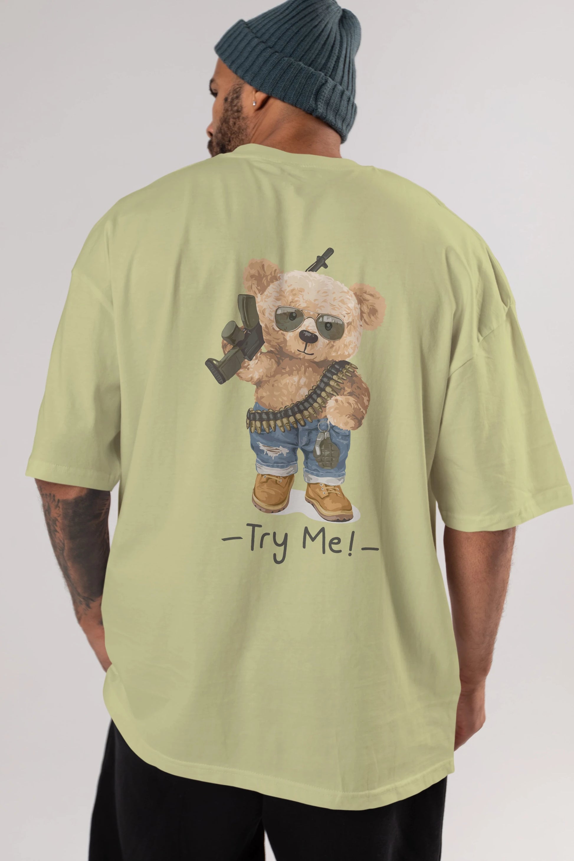 Teddy Bear Try Me Arka Baskılı Oversize t-shirt Erkek Kadın Unisex %100 Pamuk