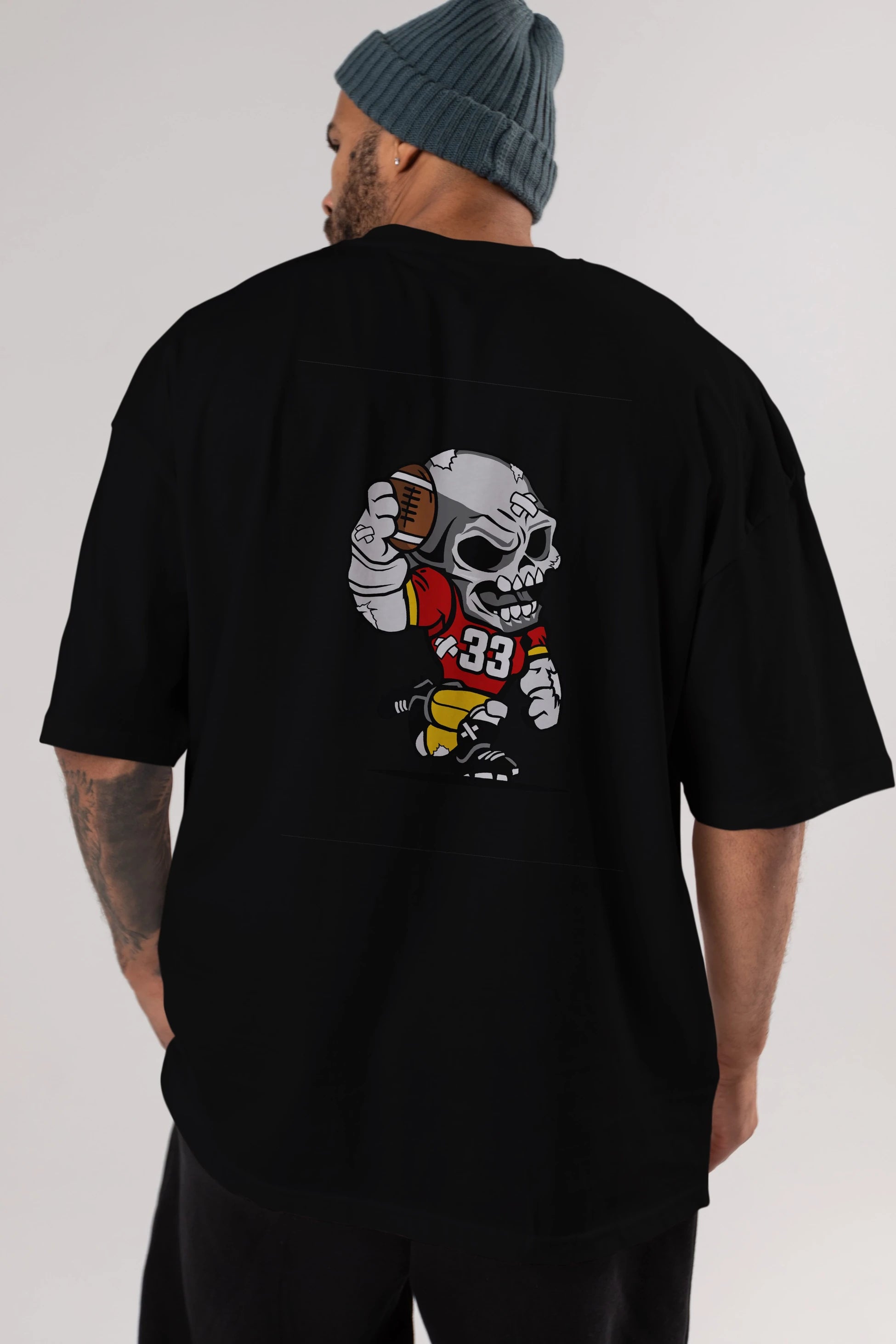 Skull Football Player Arka Baskılı Oversize t-shirt Erkek Kadın Unisex %100 Pamuk tişort