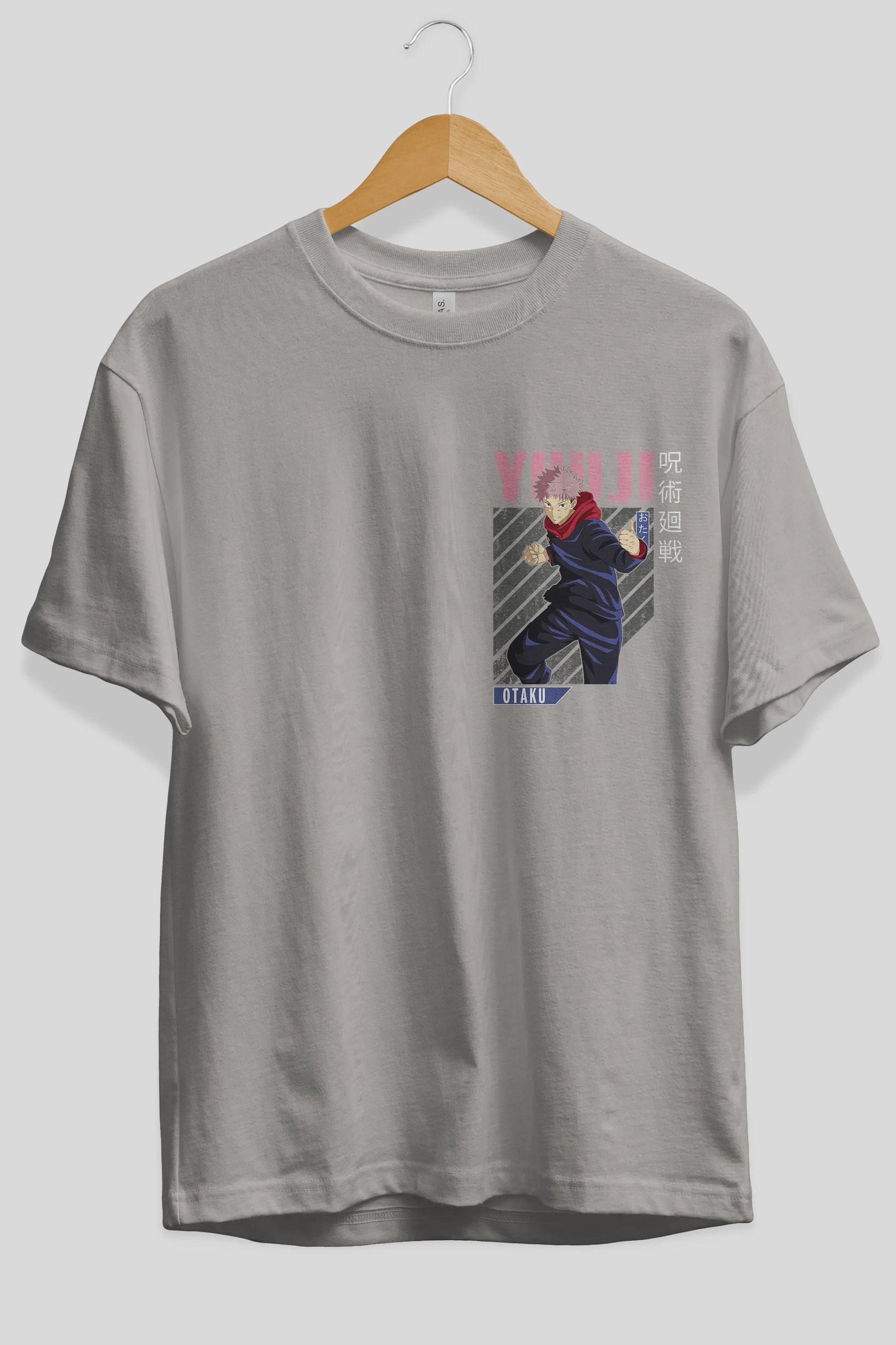 Yuuji Itadori Ön Sol Baskılı Oversize t-shirt Erkek Kadın Unisex %100 Pamuk Bisiklet Yaka tişort