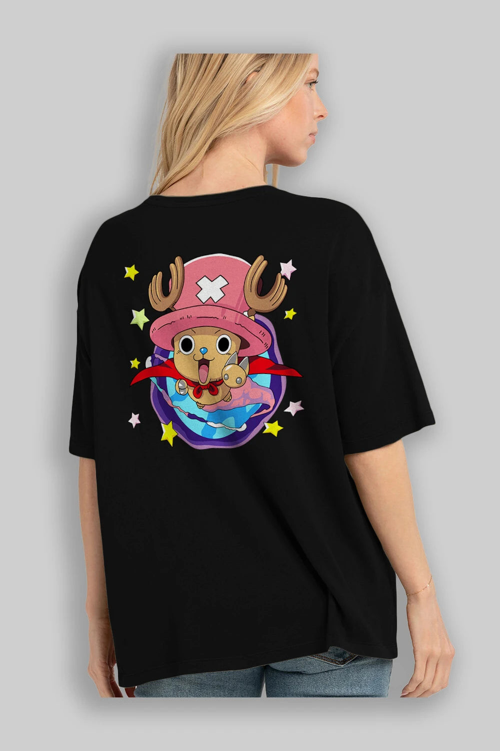 Tony Tony Chopper Anime Arka Baskılı Oversize t-shirt Erkek Kadın Unisex %100 pamuk tişort
