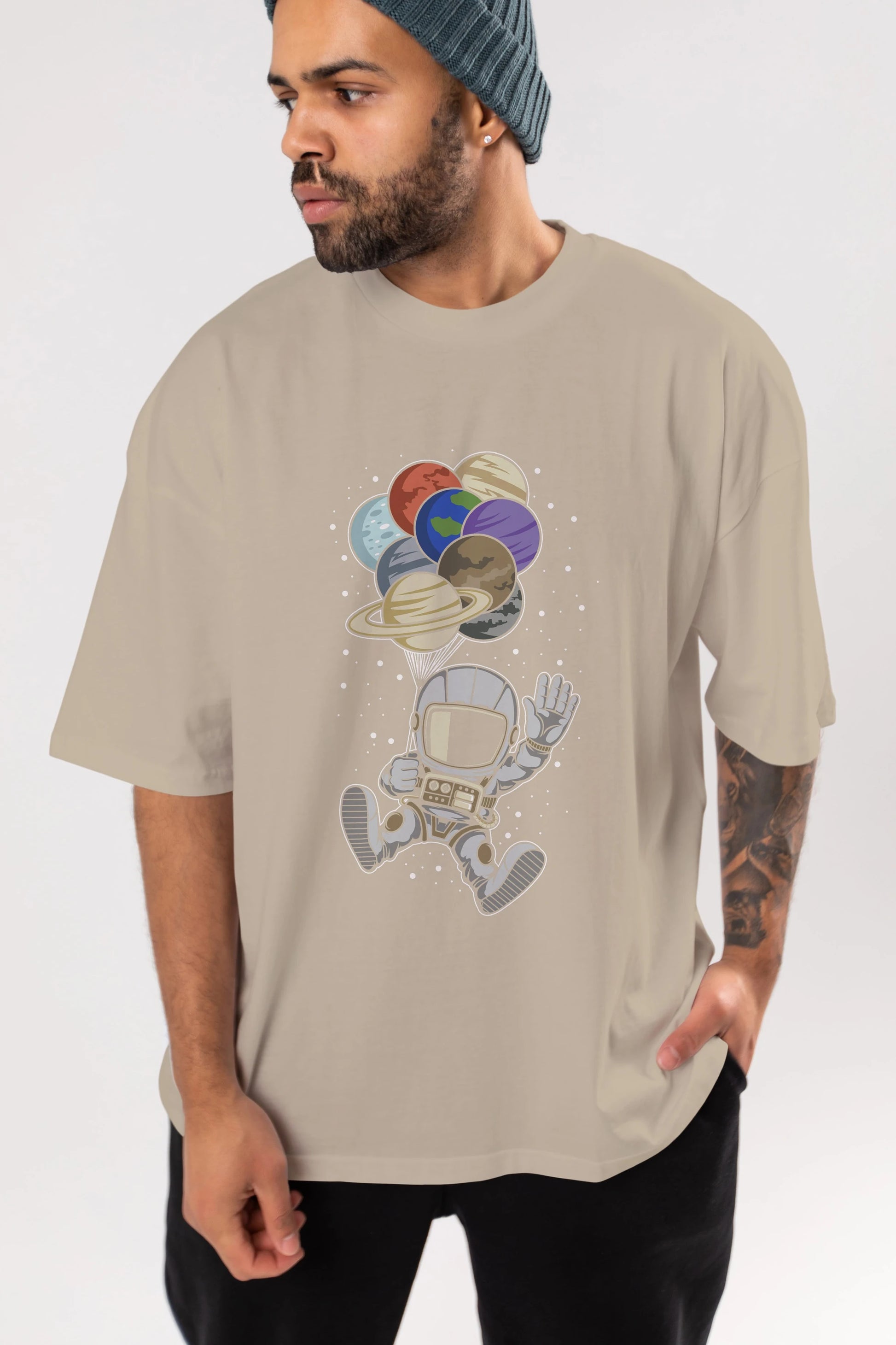 Astronaut Baloon Planets Ön Baskılı Oversize t-shirt Erkek Kadın Unisex