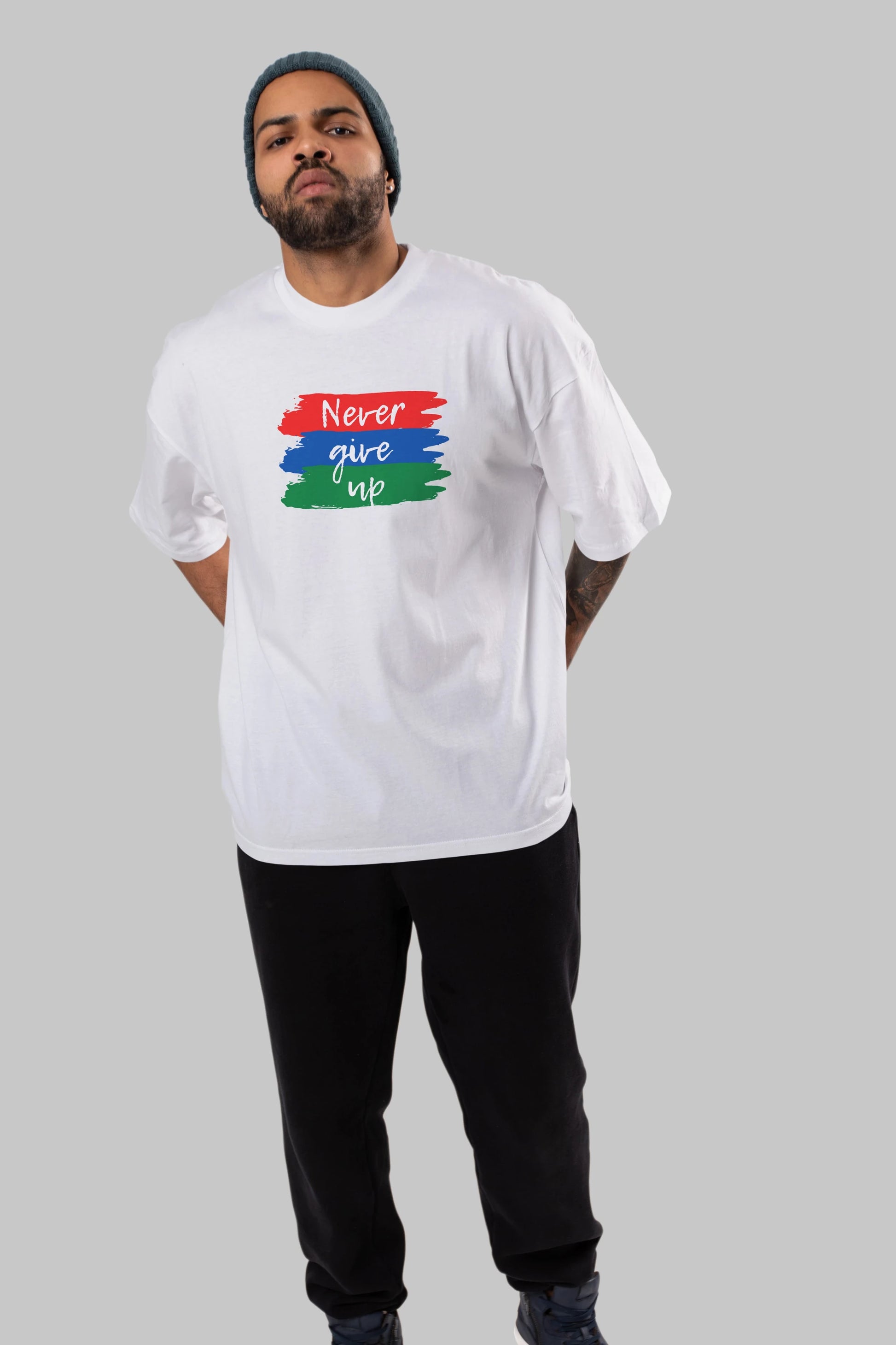 Never Give Up Yazılı Ön Baskılı Oversize t-shirt Erkek Kadın Unisex