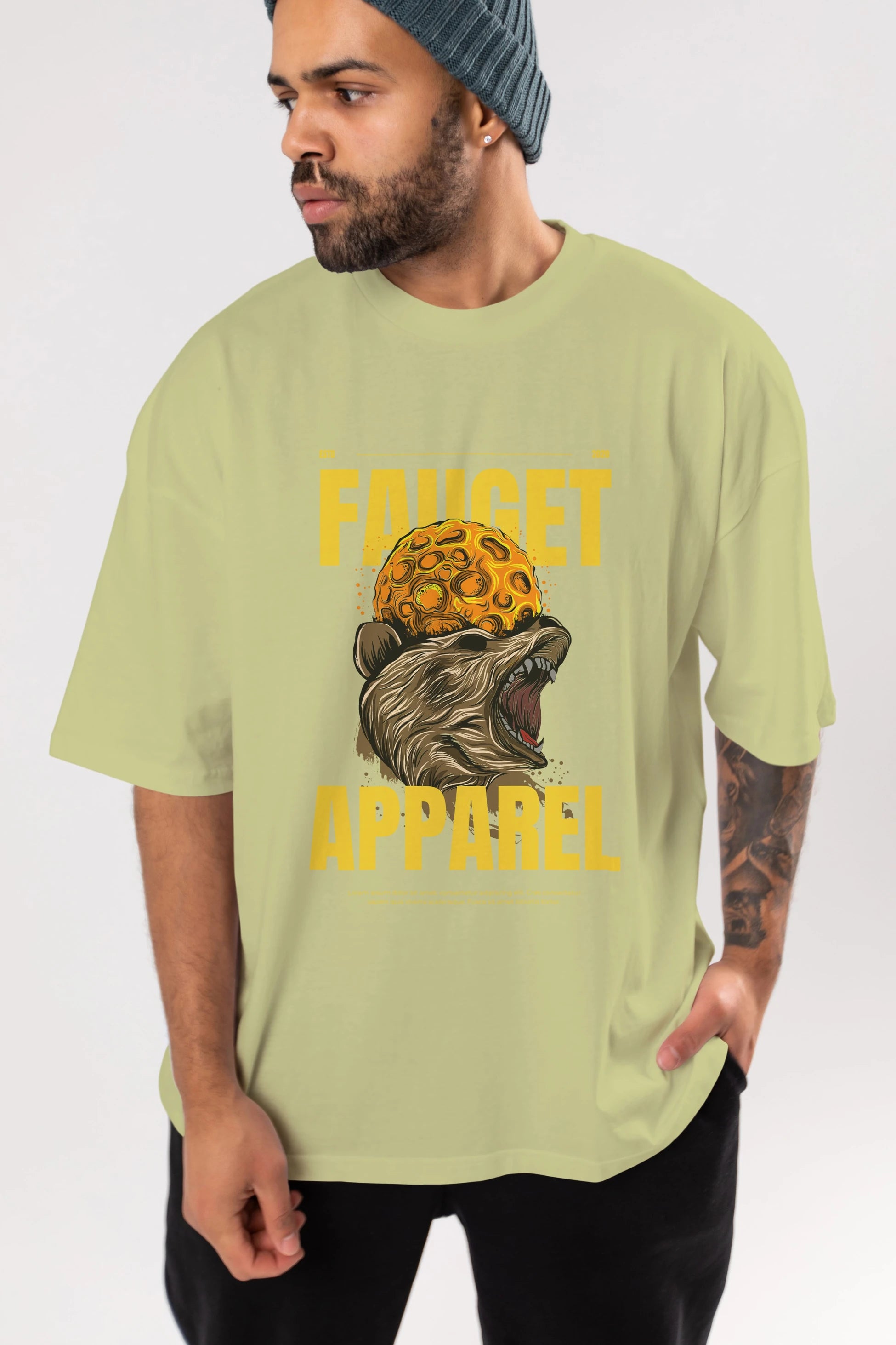 Bear Angry Fauget Apparel Ön Baskılı Oversize t-shirt Erkek Kadın Unisex