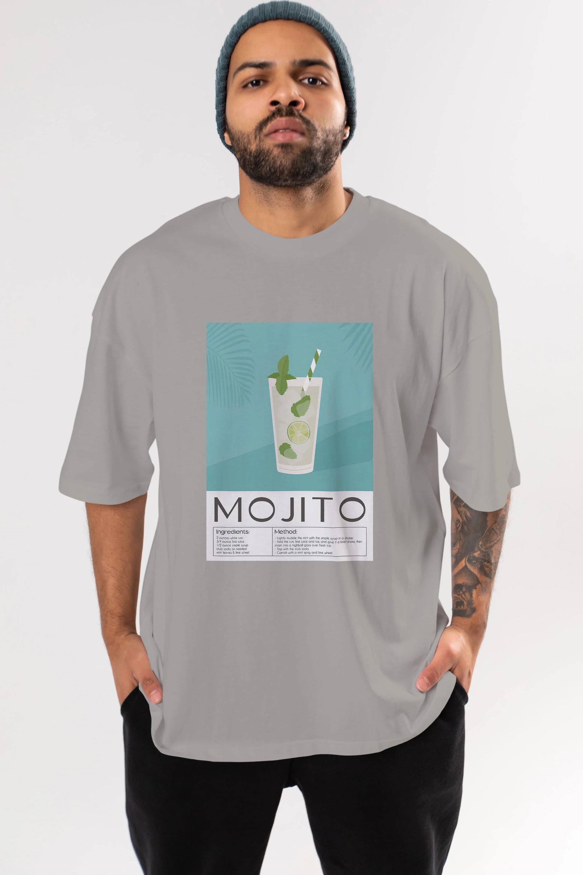 Mojito 4 Ön Baskılı Oversize t-shirt Erkek Kadın Unisex %100 Pamuk Bisiklet Yaka tişort