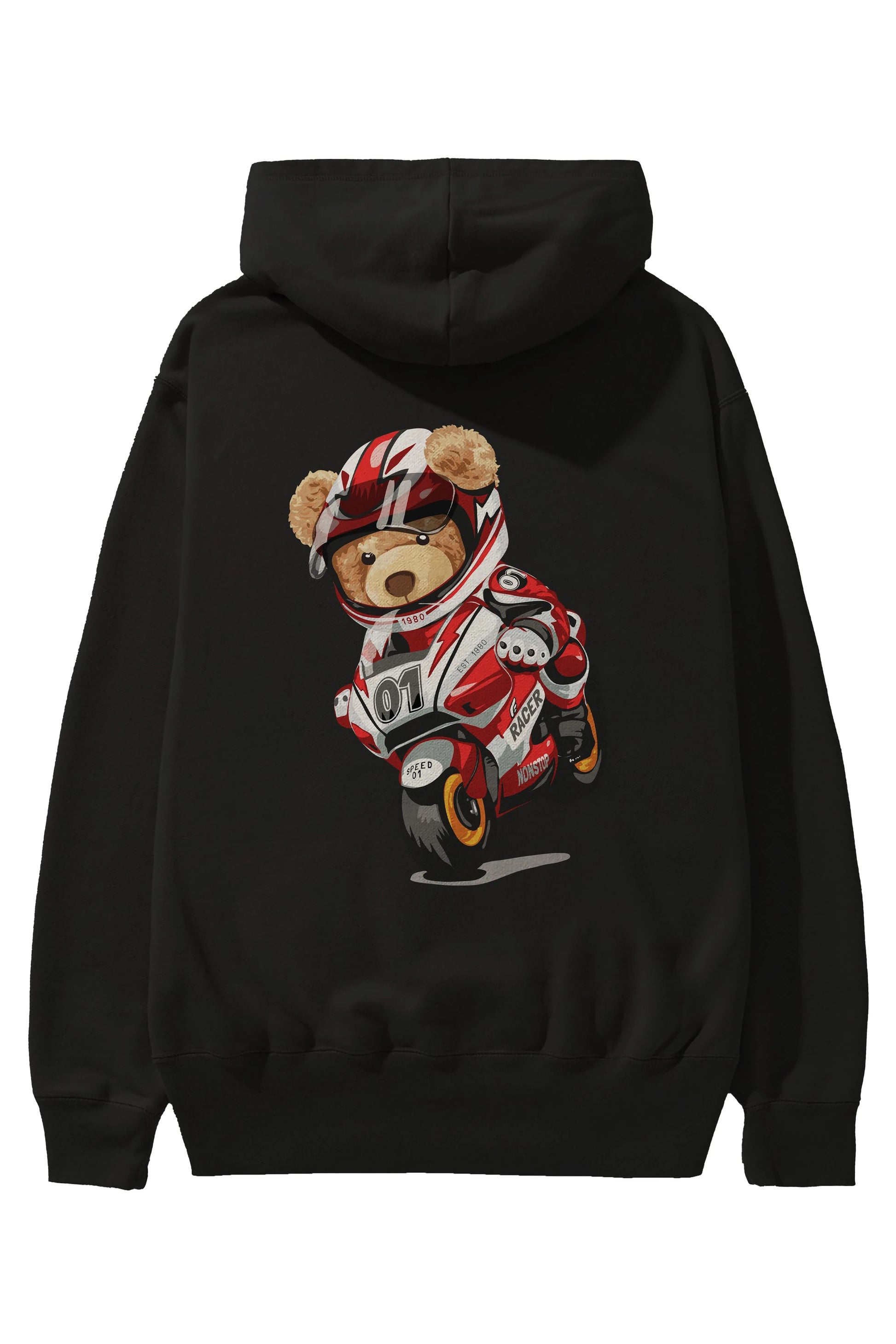 Teddy Bear Racer Arka Baskılı Hoodie Oversize Kapüşonlu Sweatshirt Erkek Kadın Unisex
