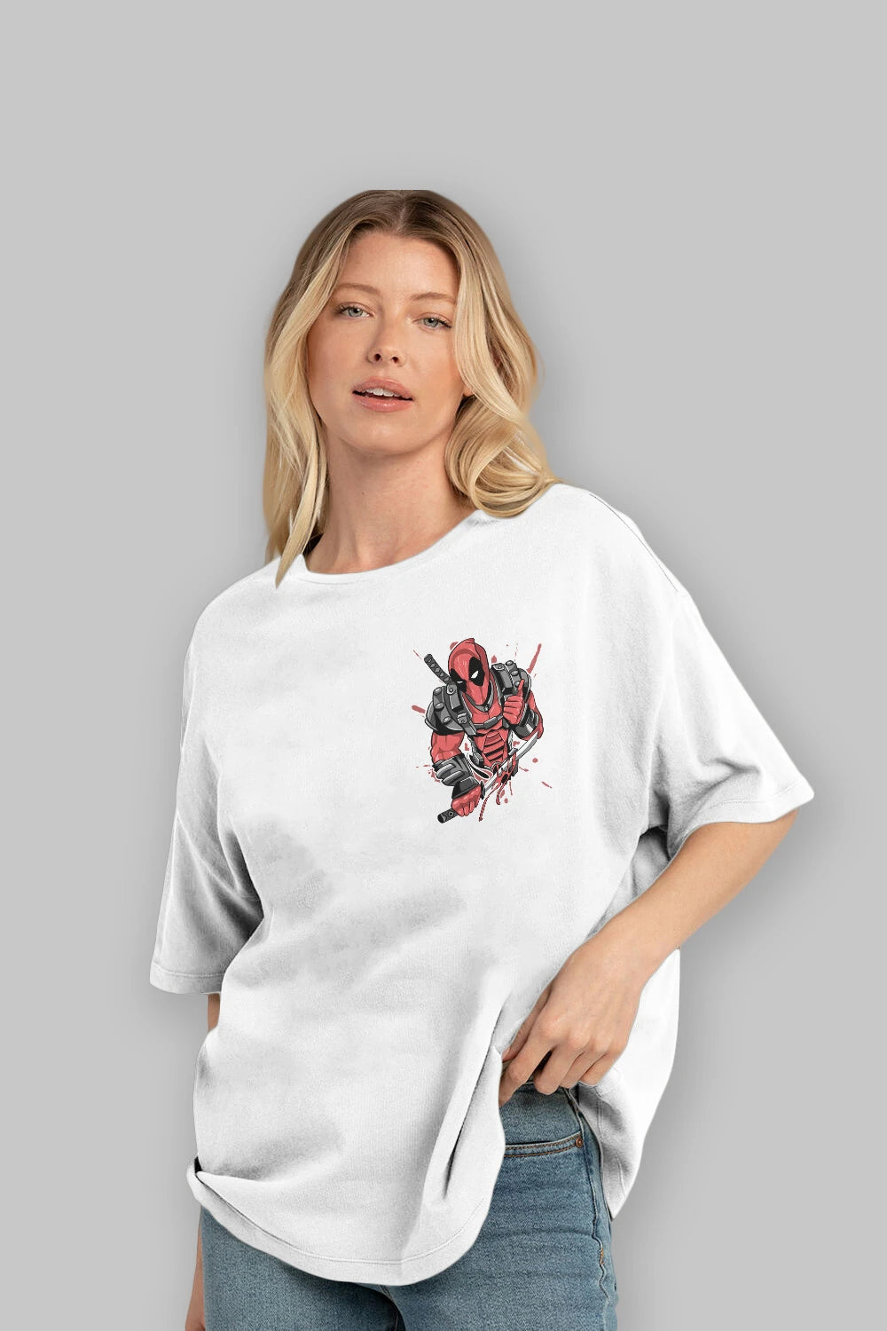 Deadpool (12) Ön Sol Baskılı Oversize t-shirt Erkek Kadın Unisex %100 Pamuk Bisiklet Yaka tişort