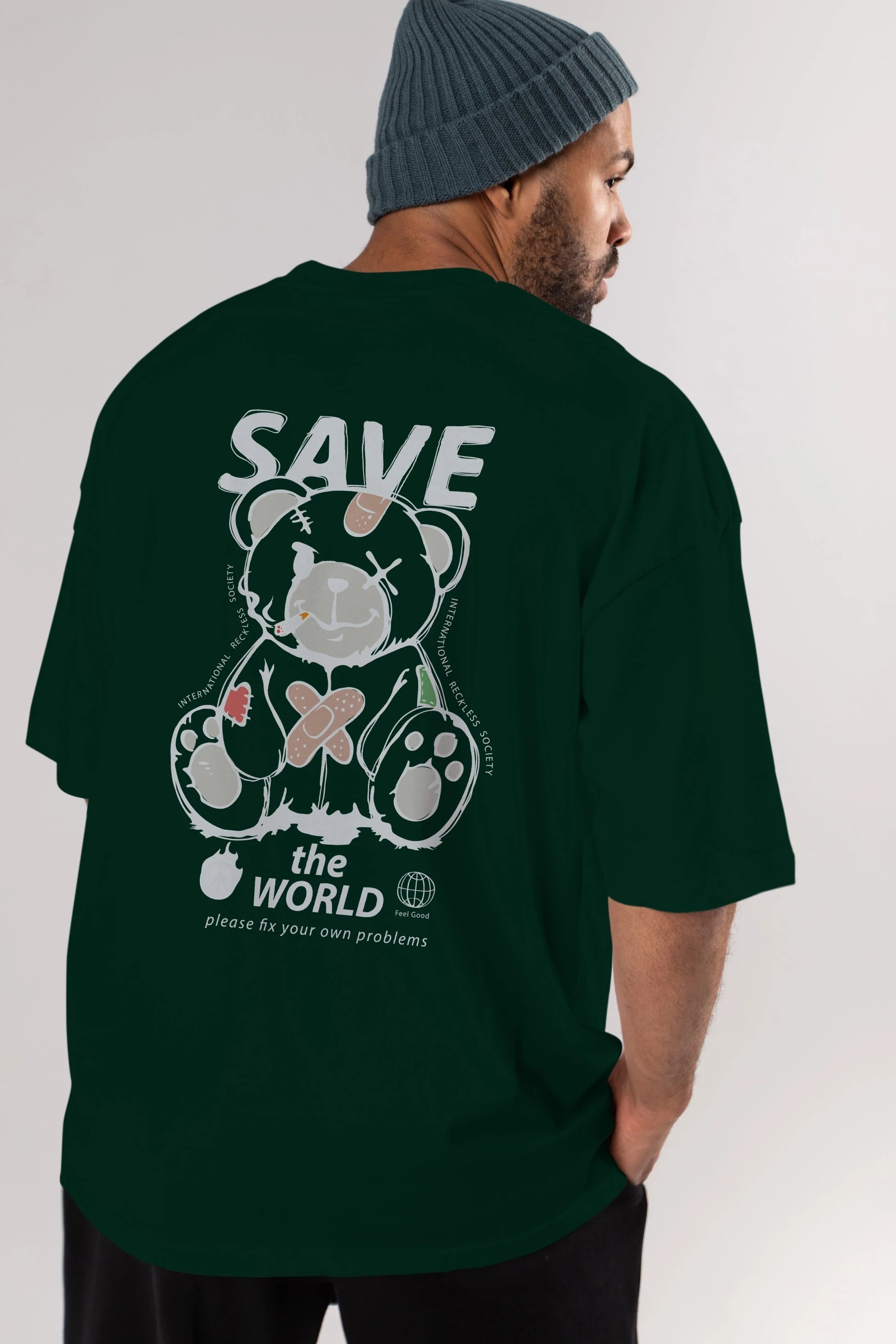 Save the World Bear Arka Baskılı Oversize t-shirt Erkek Kadın Unisex