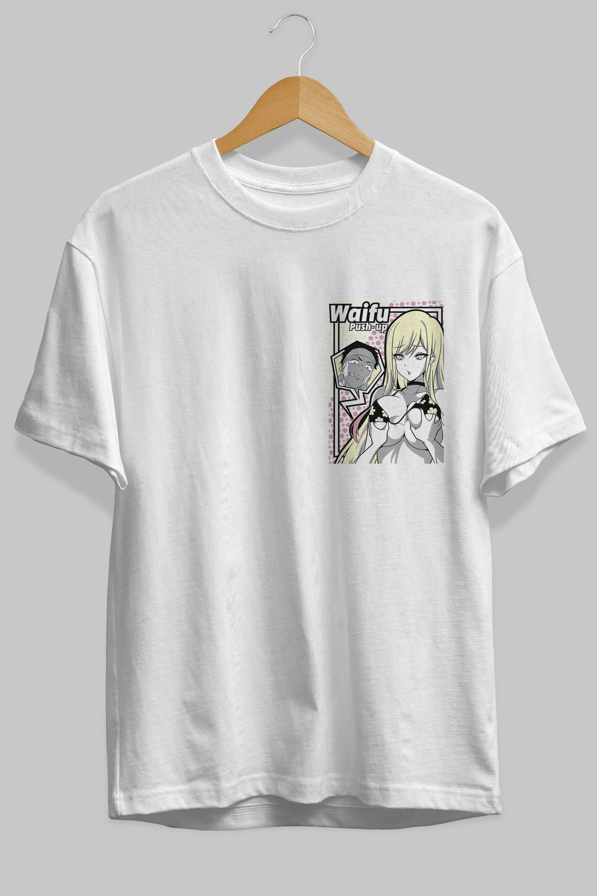 Waifu PushUp Ön Sol Baskılı Oversize t-shirt Erkek Kadın Unisex %100 Pamuk Bisiklet Yaka tişort