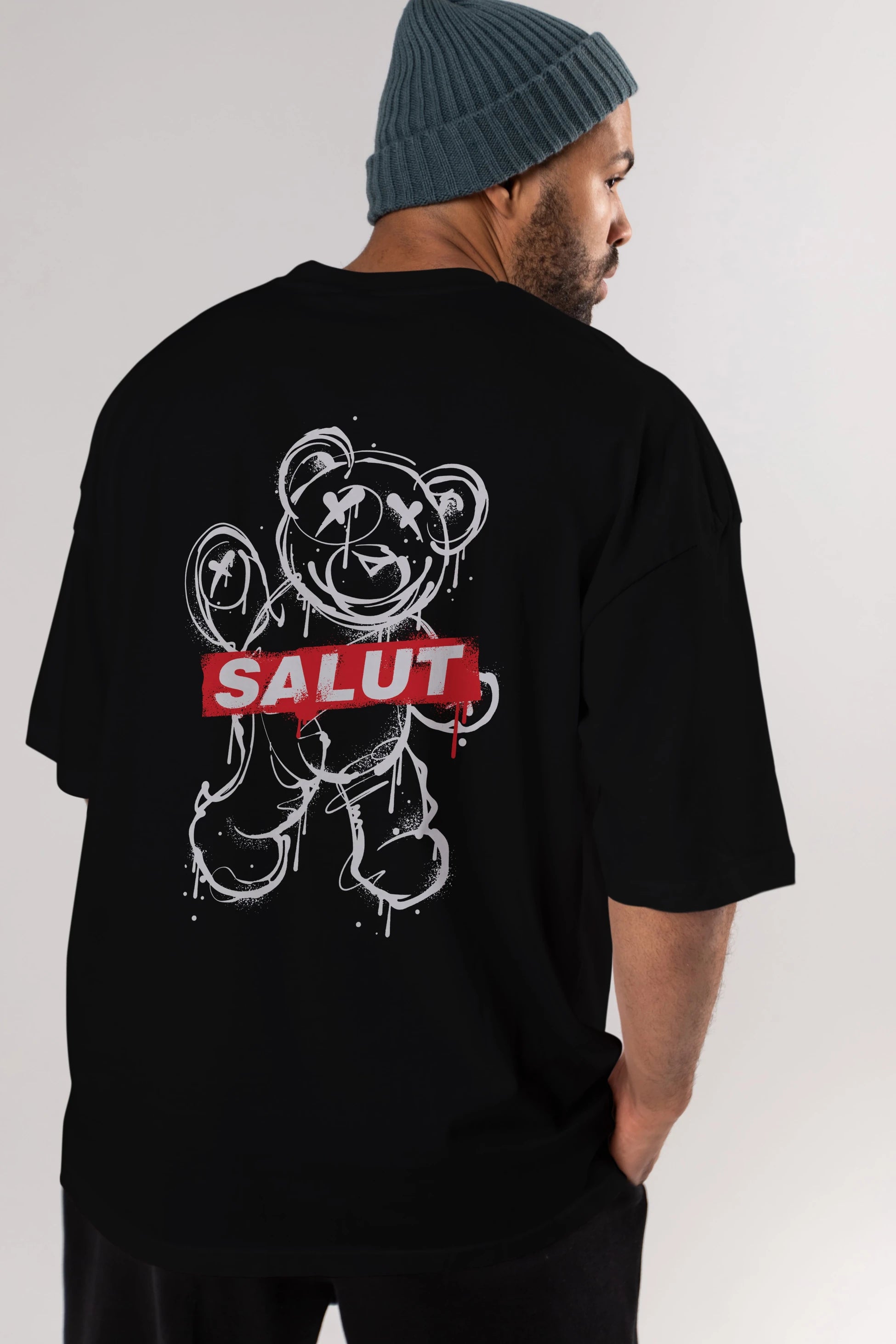 Teddy Bear Salut Arka Baskılı Oversize t-shirt Erkek Kadın Unisex