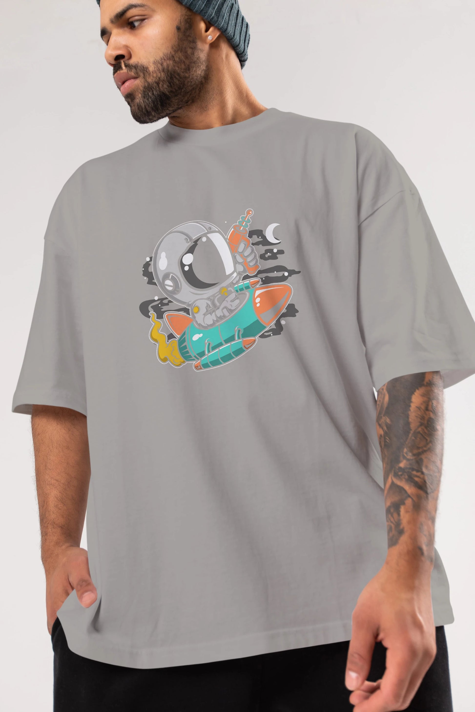 Astronaut Riding Rocket Ön Baskılı Oversize t-shirt Erkek Kadın Unisex