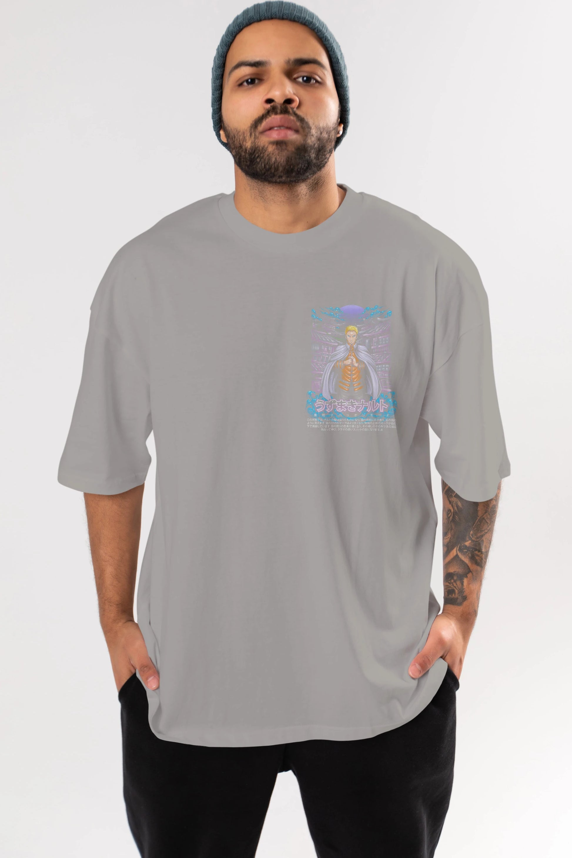 NARUTO (8) Ön Sol Baskılı Oversize t-shirt Erkek Kadın Unisex %100 Pamuk Bisiklet Yaka tişort