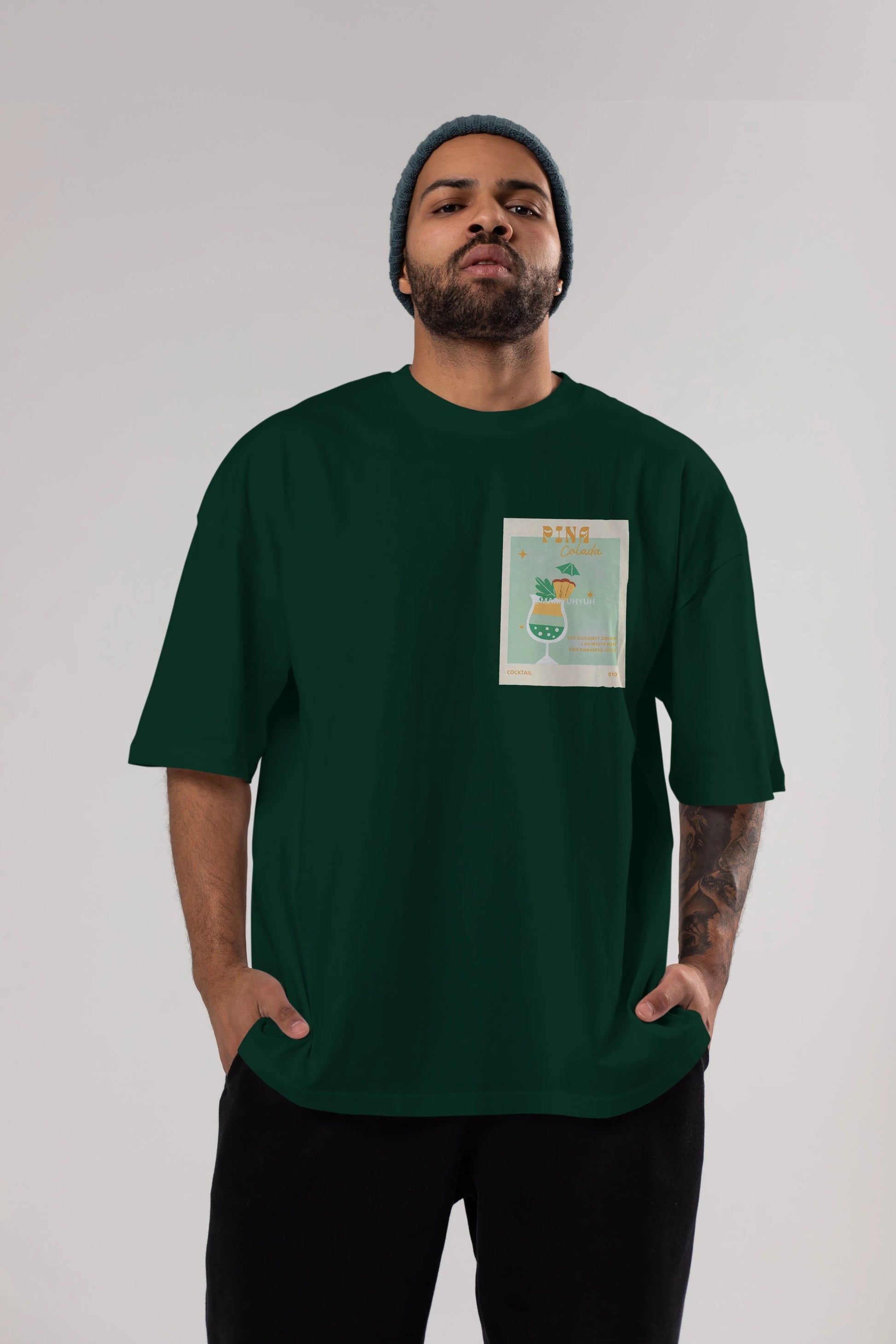 Pina Colada Ön Sol Baskılı Oversize t-shirt Erkek Kadın Unisex %100 Pamuk Bisiklet Yaka tişort