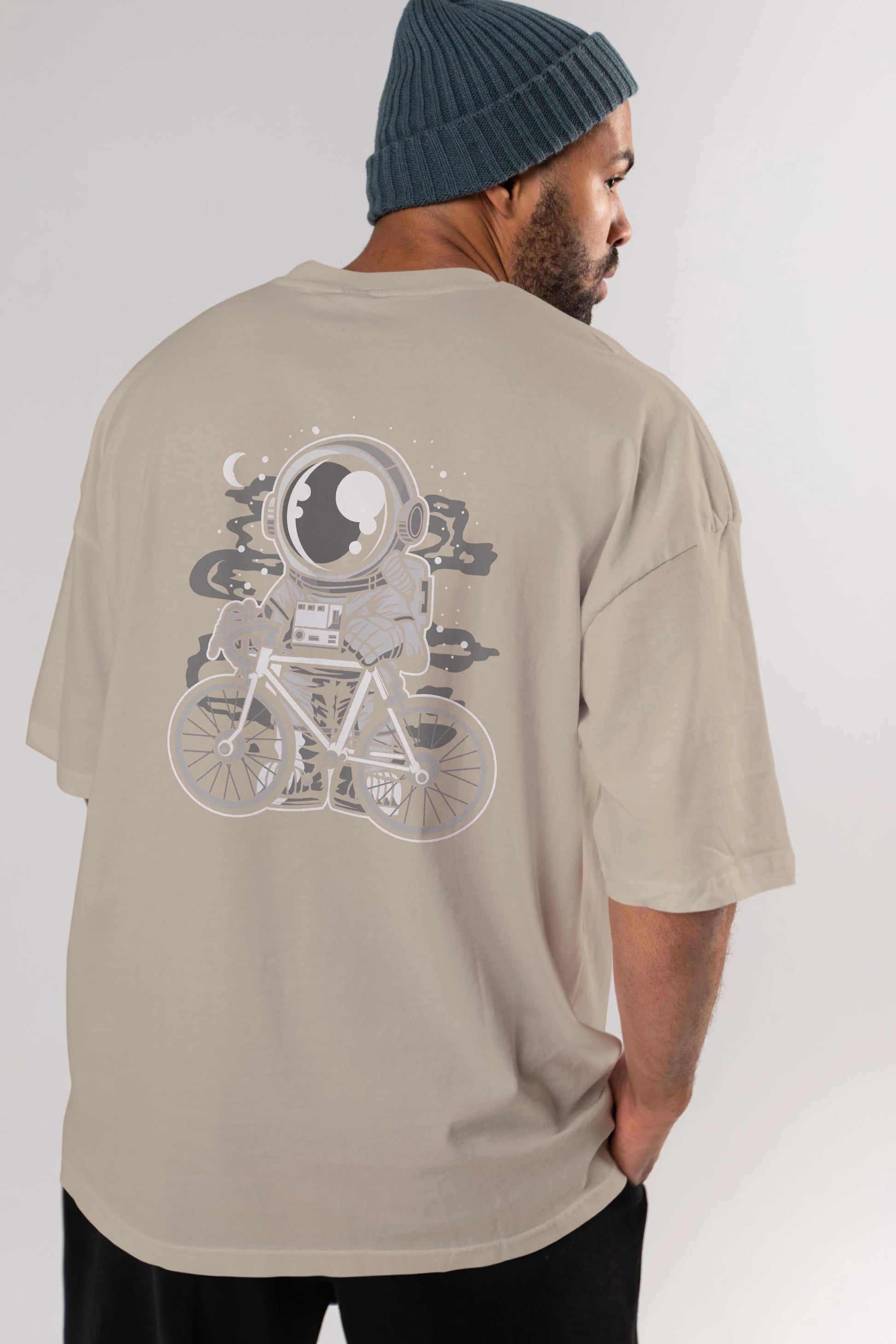 Bicycle Astronaut Arka Baskılı Oversize t-shirt Erkek Kadın Unisex