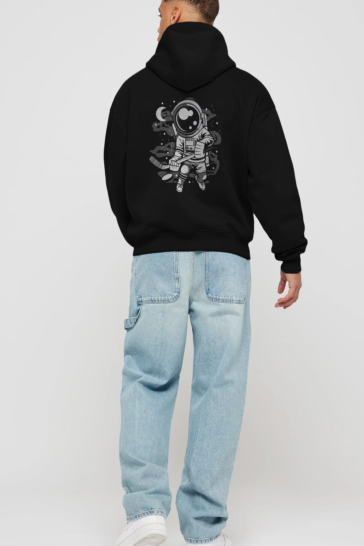 Hockey Player Astronaut Arka Baskılı Hoodie Oversize Kapüşonlu Sweatshirt Erkek Kadın Unisex