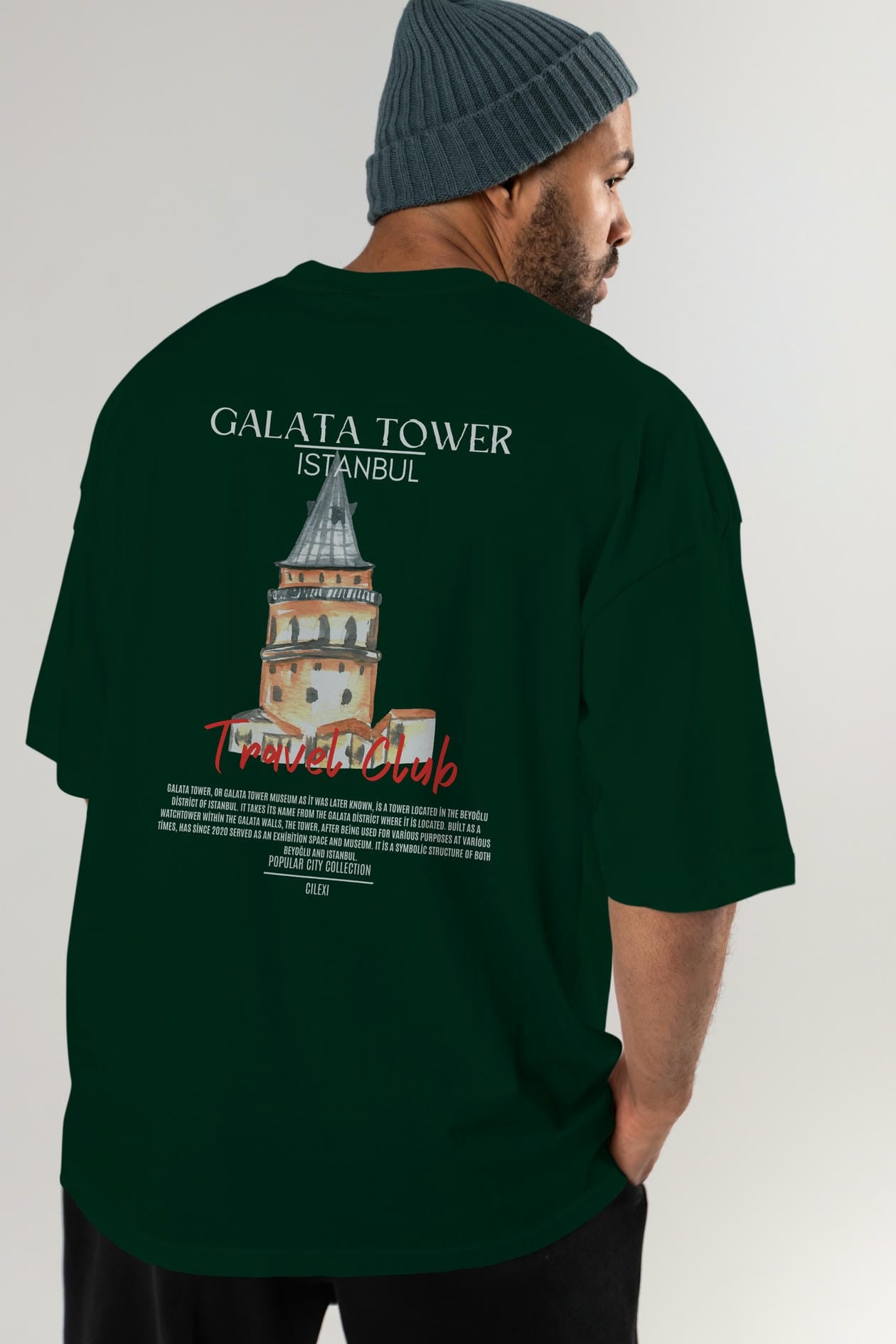 Galata Tower İstanbul Arka Baskılı Oversize t-shirt Erkek Kadın Pamuk Bisiklet Yaka tişort