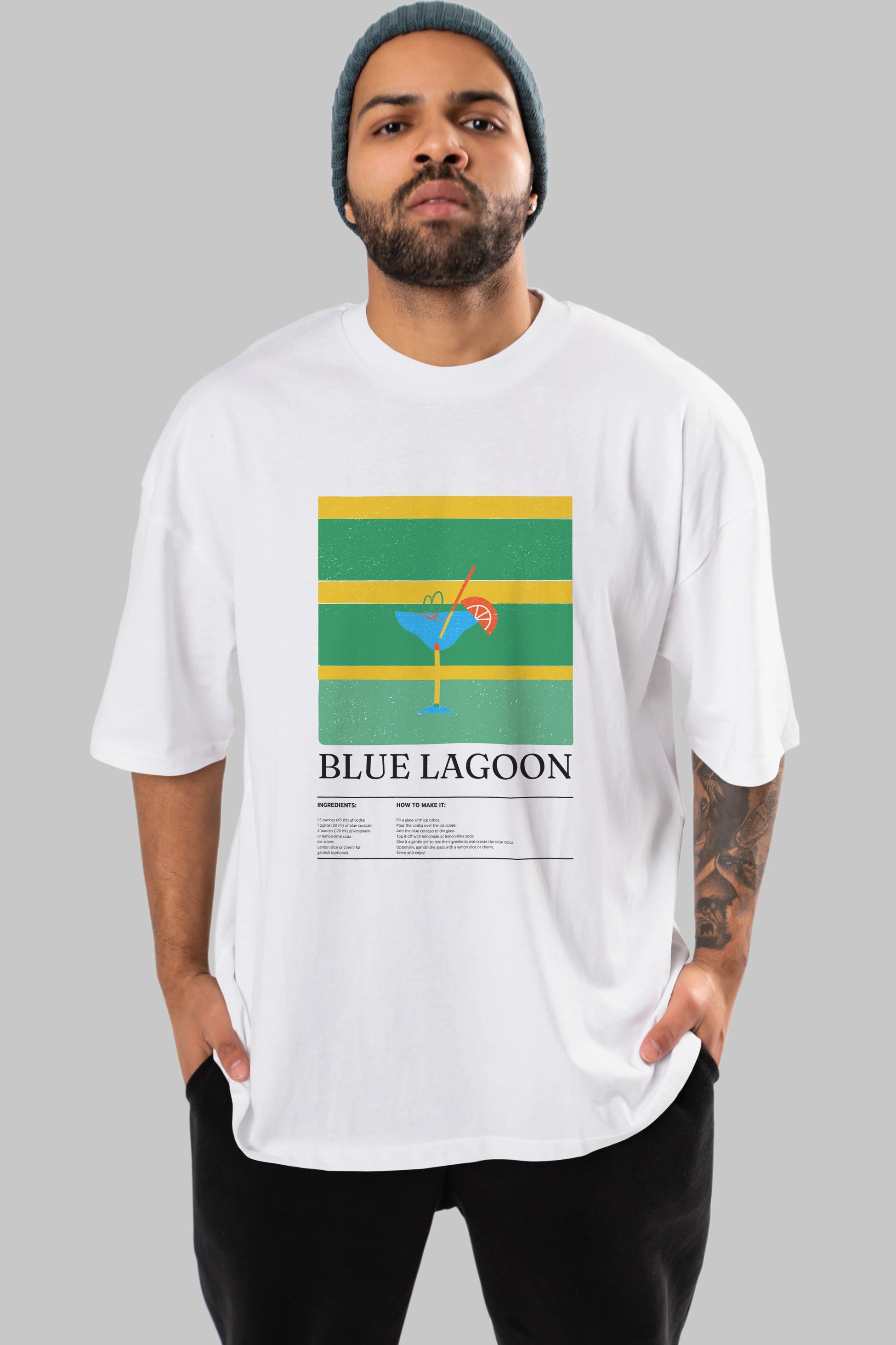 Blue Lagoon Kokteyl Ön Baskılı Oversize t-shirt Erkek Kadın %100 Pamuk Bisiklet Yaka tişort