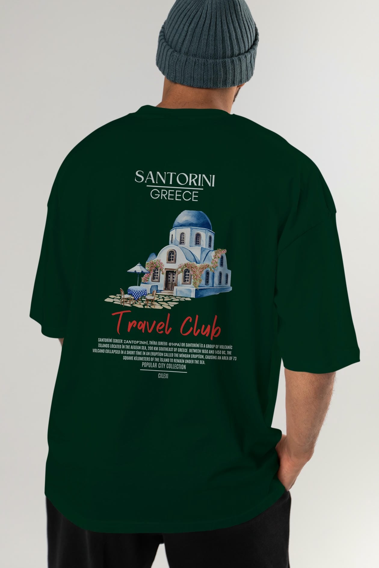 Santorini Greece Arka Baskılı Oversize t-shirt Erkek Kadın Pamuk Bisiklet Yaka tişort