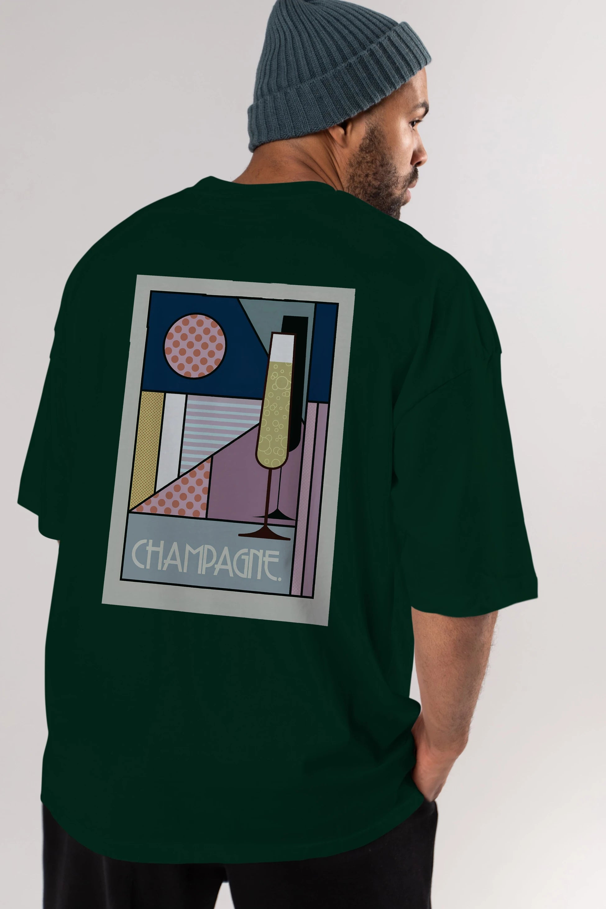 Champagne Arka Baskılı Oversize t-shirt Erkek Kadın Unisex %100 Pamuk Bisiklet Yaka tişort