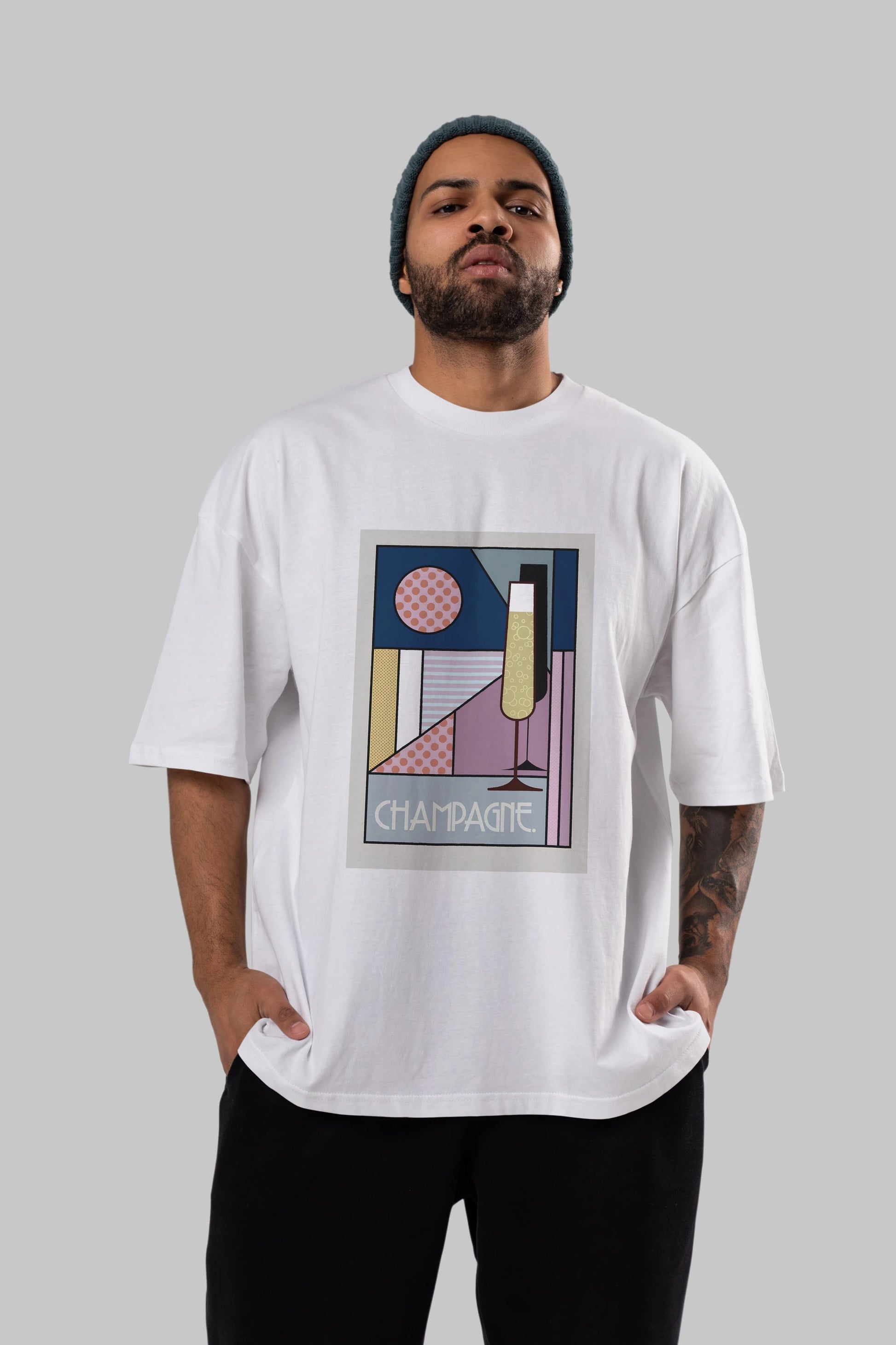 Champagne Ön Baskılı Oversize t-shirt Erkek Kadın Unisex %100 Pamuk Bisiklet Yaka tişort