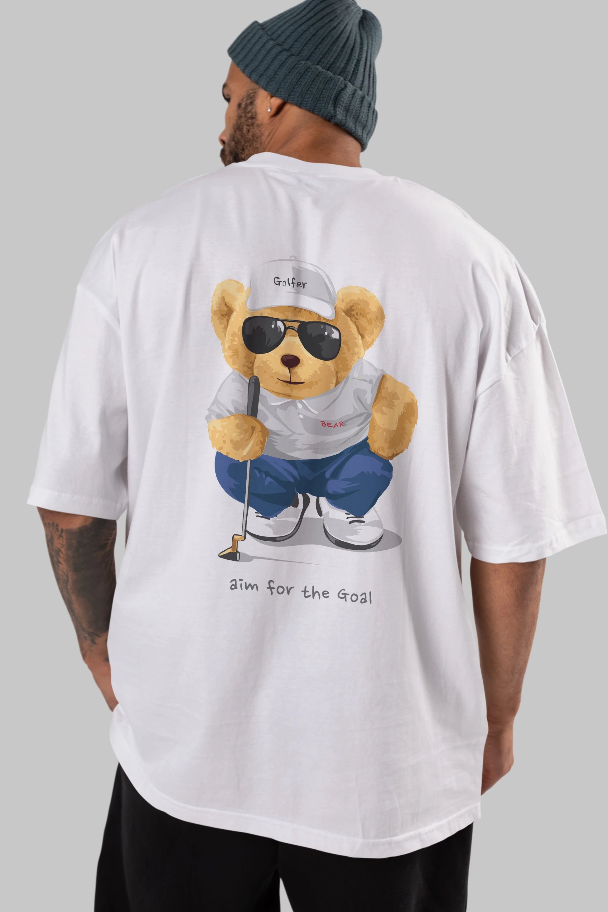 Teddy Bear Golfer Arka Baskılı Oversize t-shirt Erkek Kadın Unisex %100 Pamuk