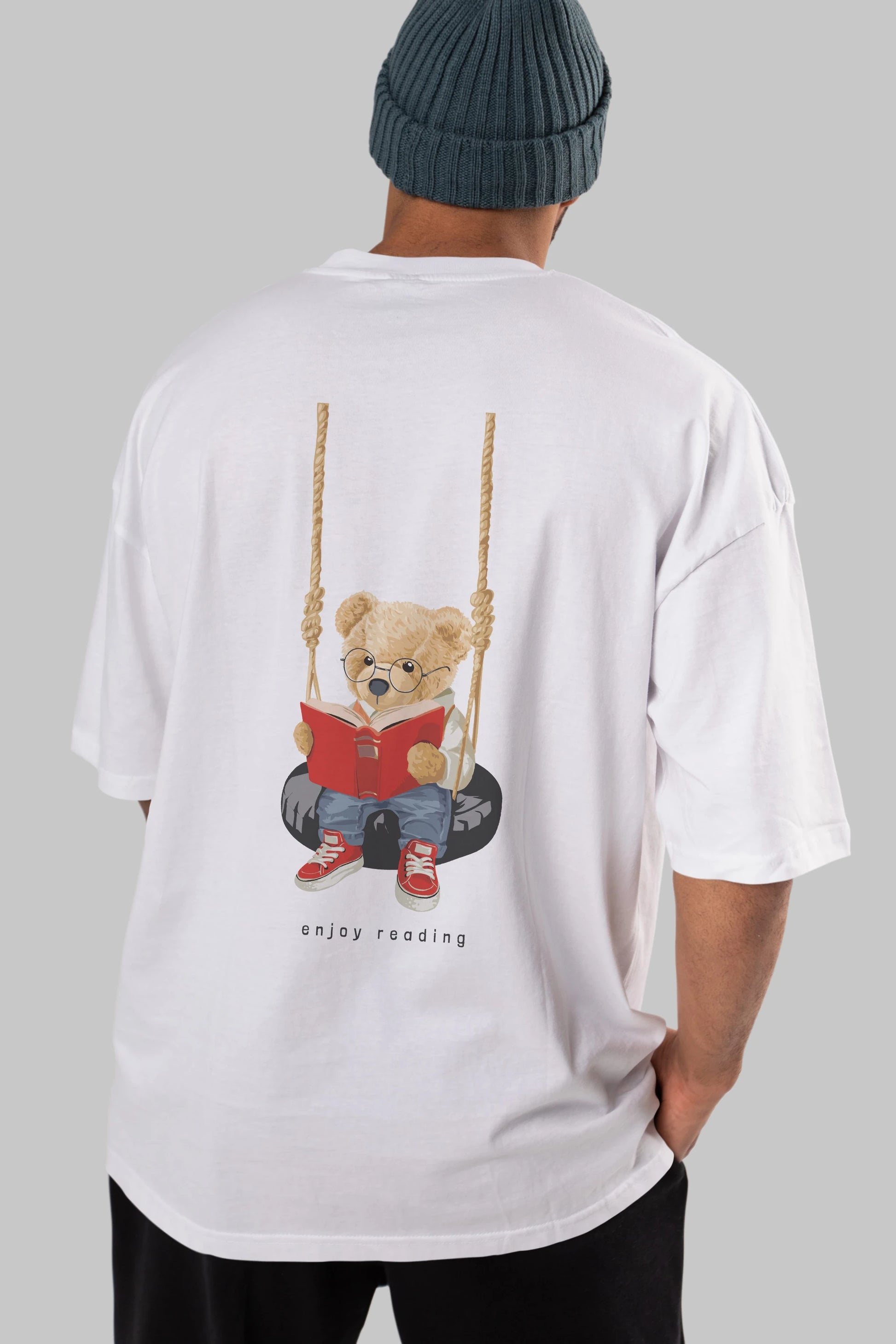 Teddy Bear Enjoy Reading Arka Baskılı Oversize t-shirt Erkek Kadın Unisex %100 Pamuk