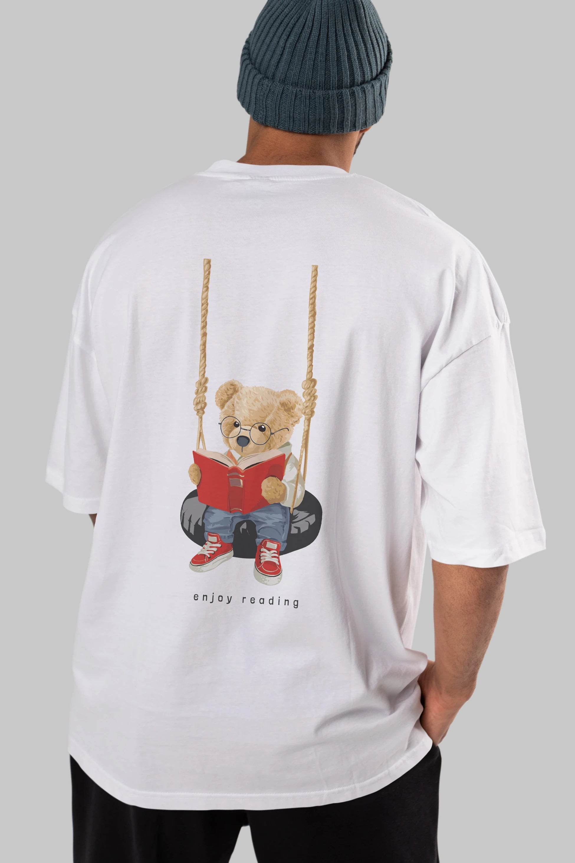 Teddy Bear Enjoy Reading Arka Baskılı Oversize t-shirt Erkek Kadın Unisex %100 Pamuk