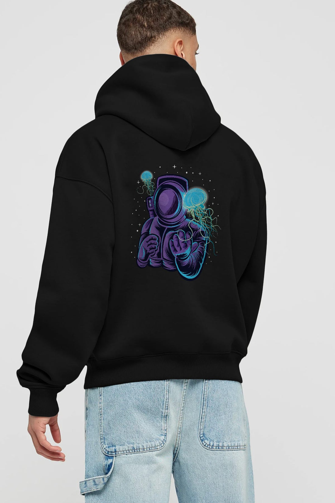 Astronaut and Jellyfish Arka Baskılı Hoodie Oversize Kapüşonlu Sweatshirt Erkek Kadın Unisex
