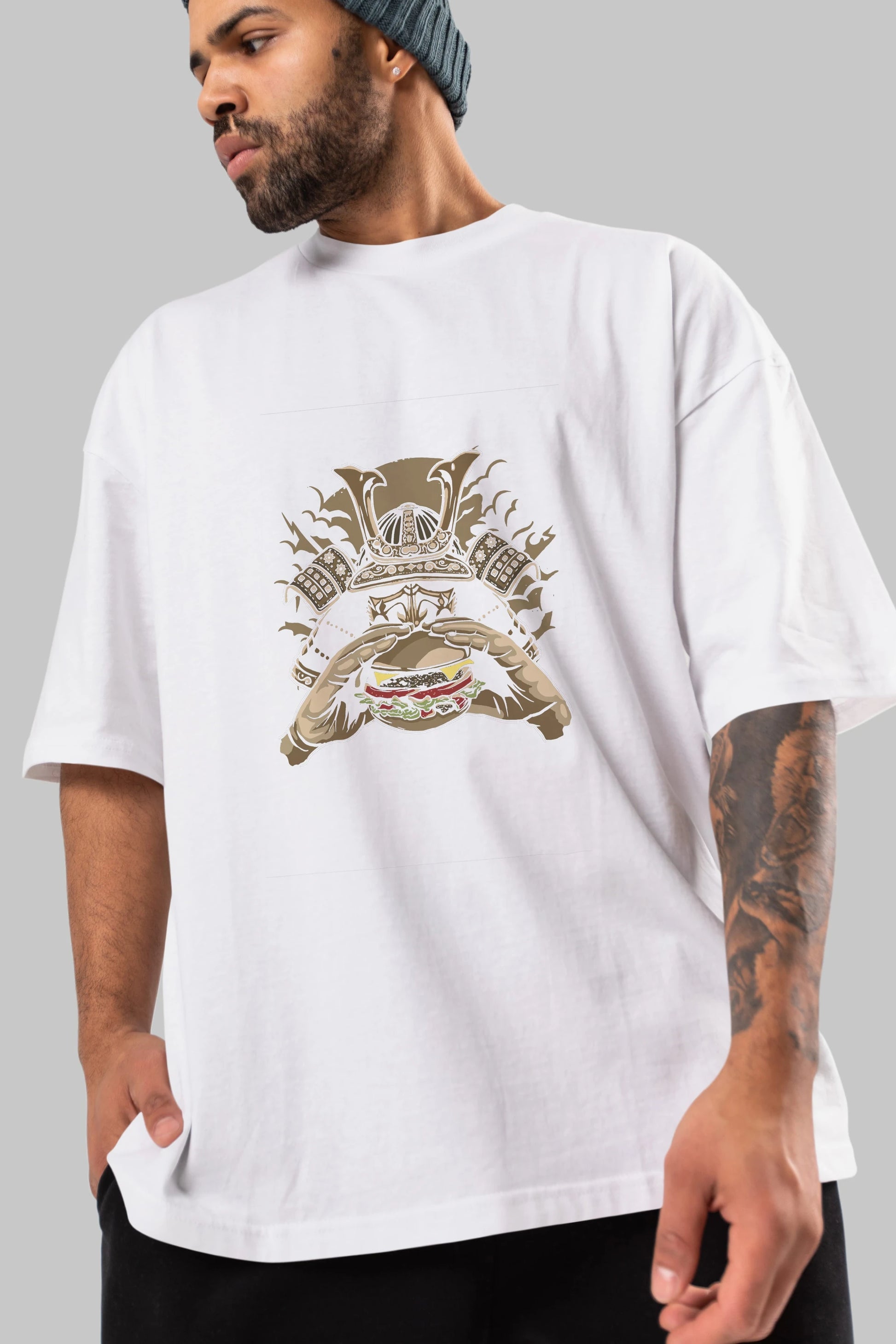 Samurai Burger Ön Baskılı Oversize t-shirt Erkek Kadın Unisex %100 Pamuk tişort
