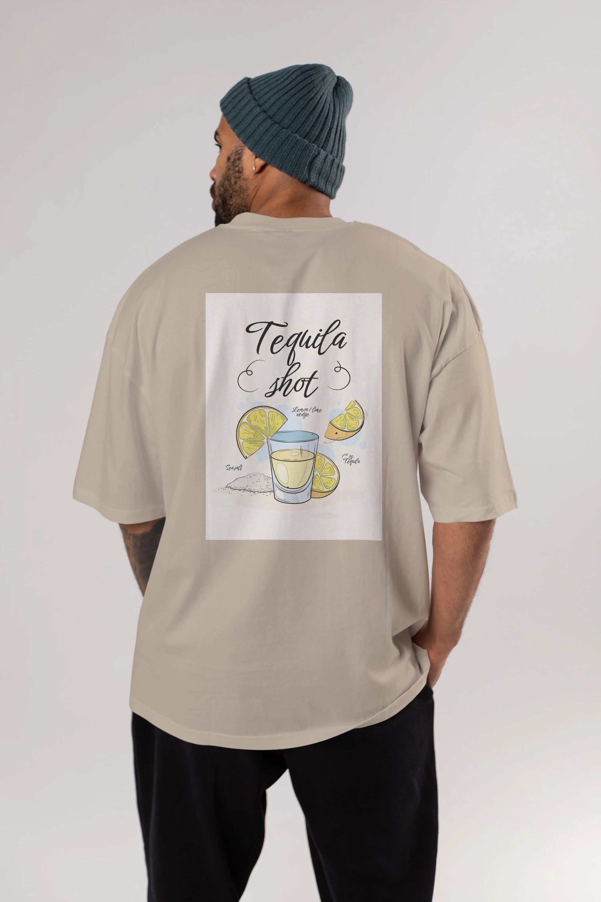 Tequila Shot Arka Baskılı Oversize t-shirt Erkek Kadın Unisex %100 Pamuk Bisiklet Yaka tişort